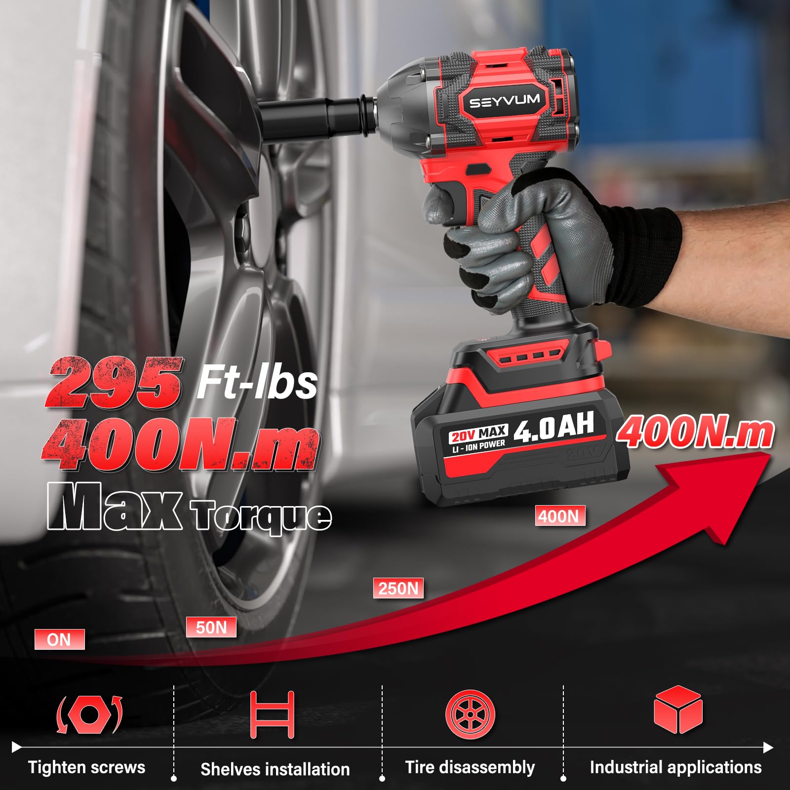 SEYVUM Impact Wrench, Max Torque 400 N.m Cordless 1/2 Impact Driver, 20V 3000RPM Brushless Motor, 4.0Ah Li-ion Battery and Fast Charger, 4 Pcs Sockets Included 1