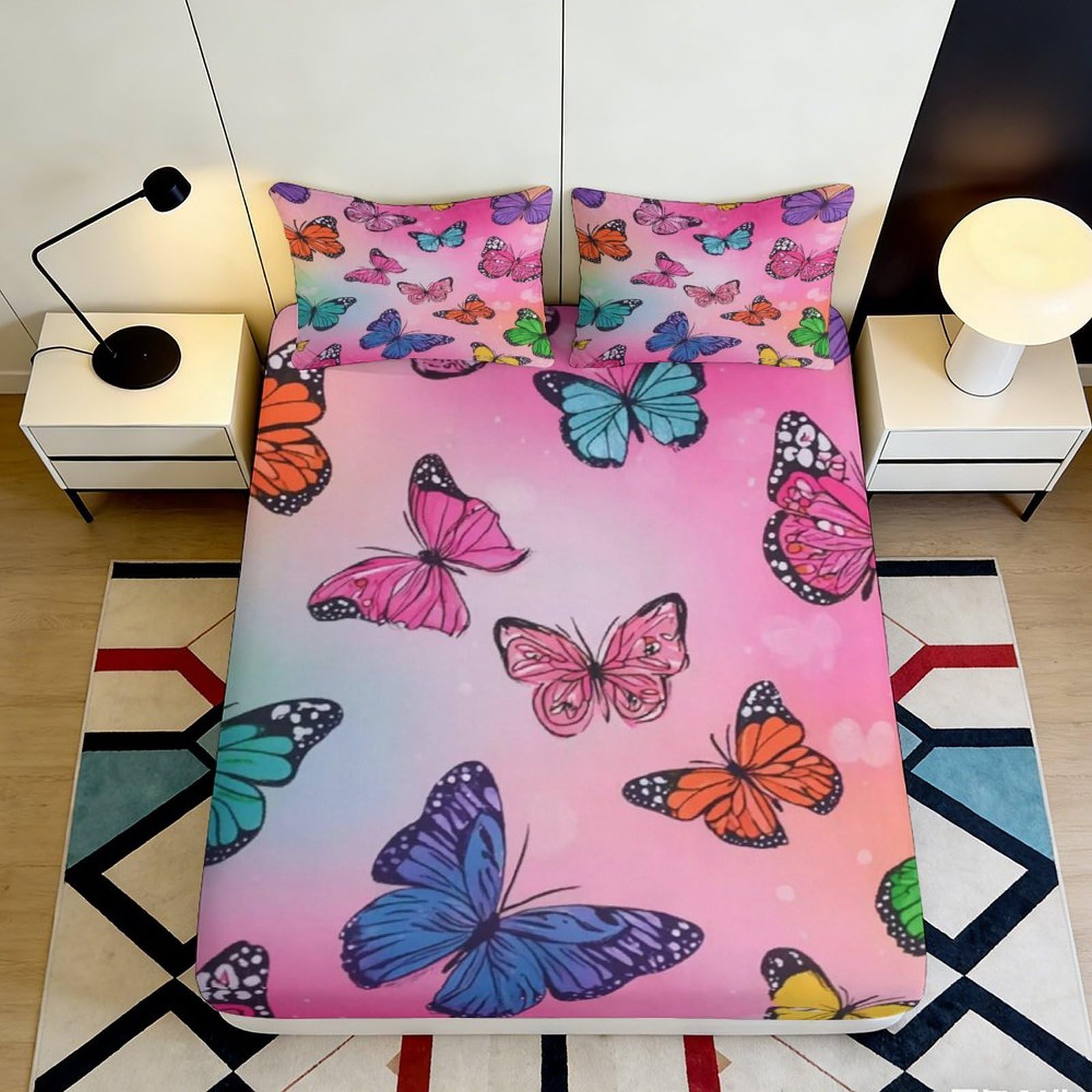 3D Printed Butterfly Rainbow Fitted Sheet Microfiber Soft Mattress Cover Bedroom Decor Dorm Protection 90x200x25cm