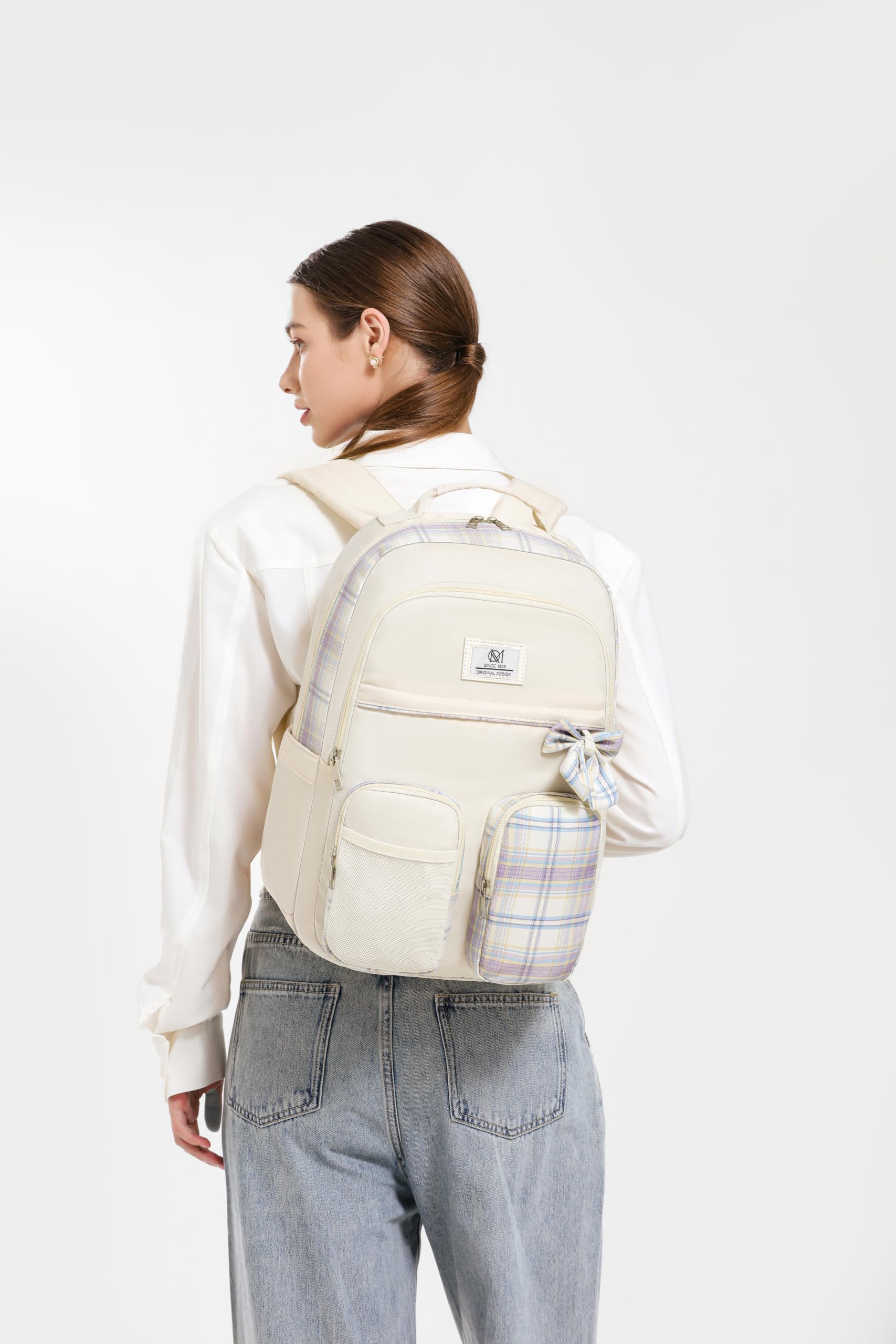 Zaino da scuola per adolescenti, zaino estetico con scomparto per laptop per studenti delle scuole medie, mochila para niñas, beige