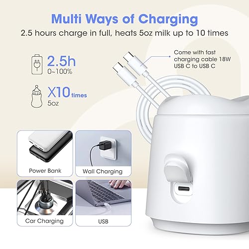 Miniatura 5 de Calentador de biberones portátil para viajes con 5 adaptadores, calentador de leche recargable para bebés, calentador de calor rápido con pantalla