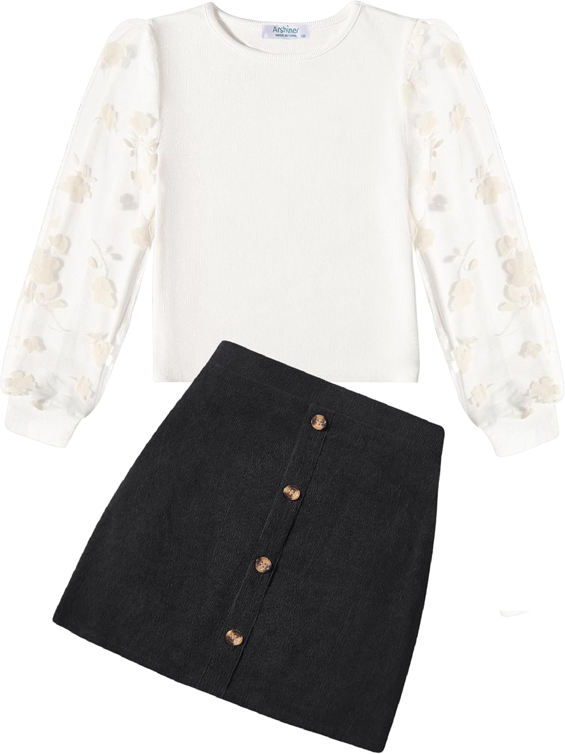 Arshiner Girl's Skirt Sets Casual Fall Outfits Corduroy Skirt and Long Sleeve Rib Knit Shirt Tops Trendy 2 Piece Clothes
