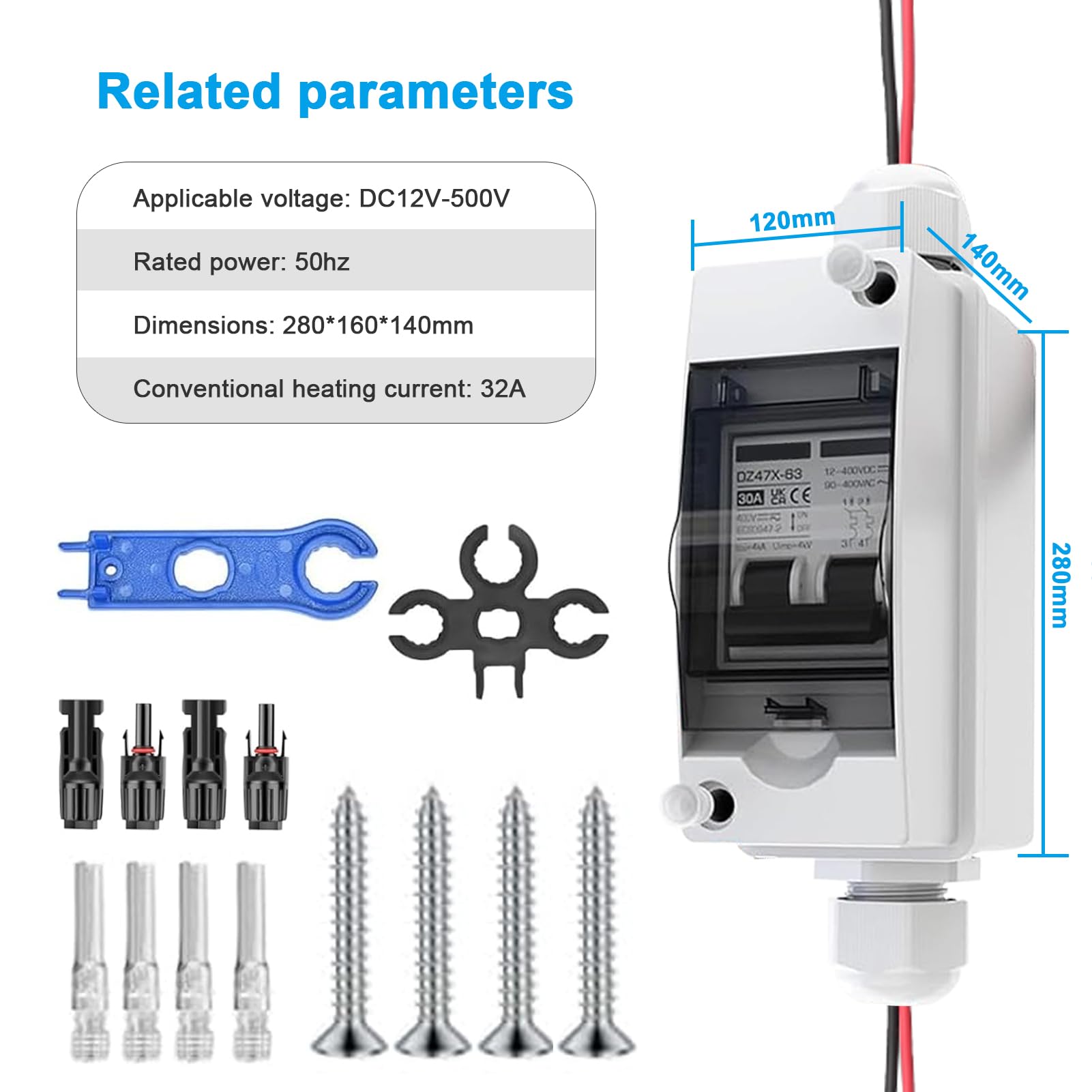 2 StüCk DC Trennschalter PV Anlage, Solar Trennschalter, 2P/500v/32a/Ip65 Wasserdicht Trennschalter Für Solar PV Anlage, 260mm Kabel, DC Trennschalter Mit Leitungsschutzschalter Für PV-Anlagen