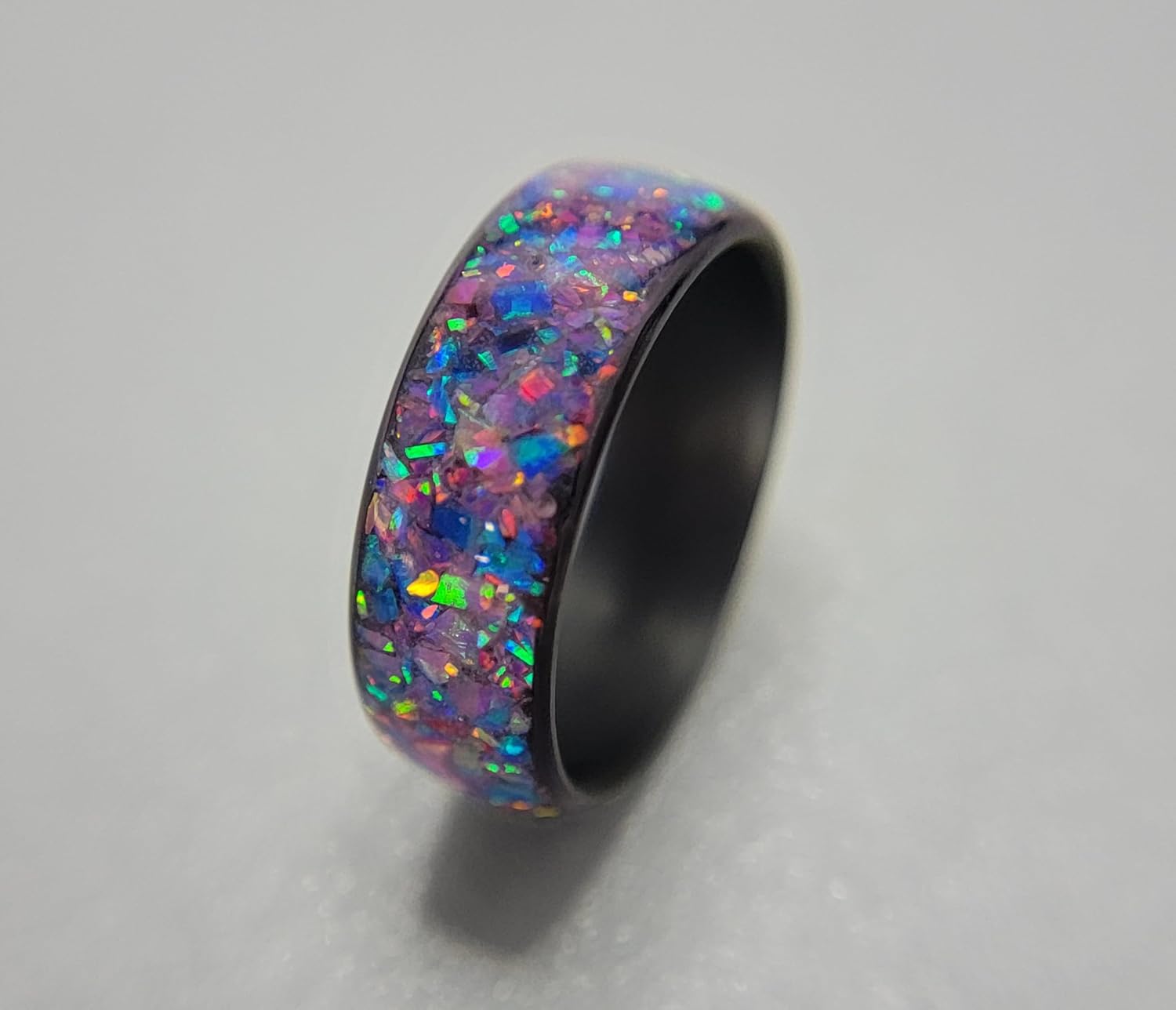 Carbon Fiber Ring with Nebula Opal inlay - Handcrafted in USA - Lightweight - Sizes 4-16 - Custom Bandwidths