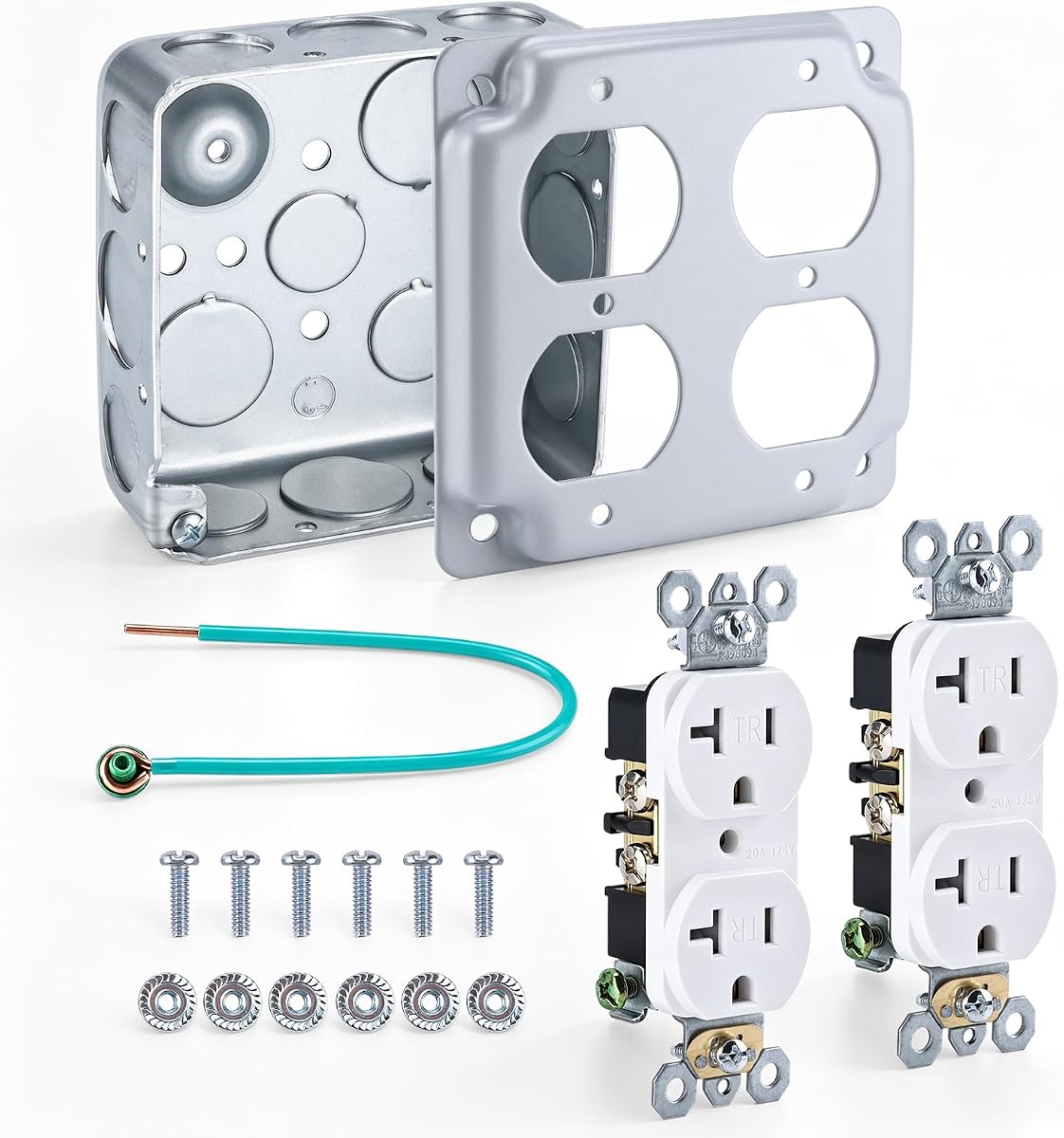 2-Gang Outlet Box Kit, 4x4 Inch Drawn Metal Square Electrical Box with Two 20 Amp Tamper Resistant Duplex Receptacles, 4x4 Duplex Cover, Pigtail Grounding Wire & Screws