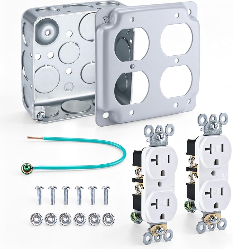 2-Gang Outlet Box Kit, 4x4 Inch Drawn Metal Square Electrical Box with Two 20 Amp Tamper Resistant Duplex Receptacles, 4x4 Duplex Cover, Pigtail Grounding Wire & Screws