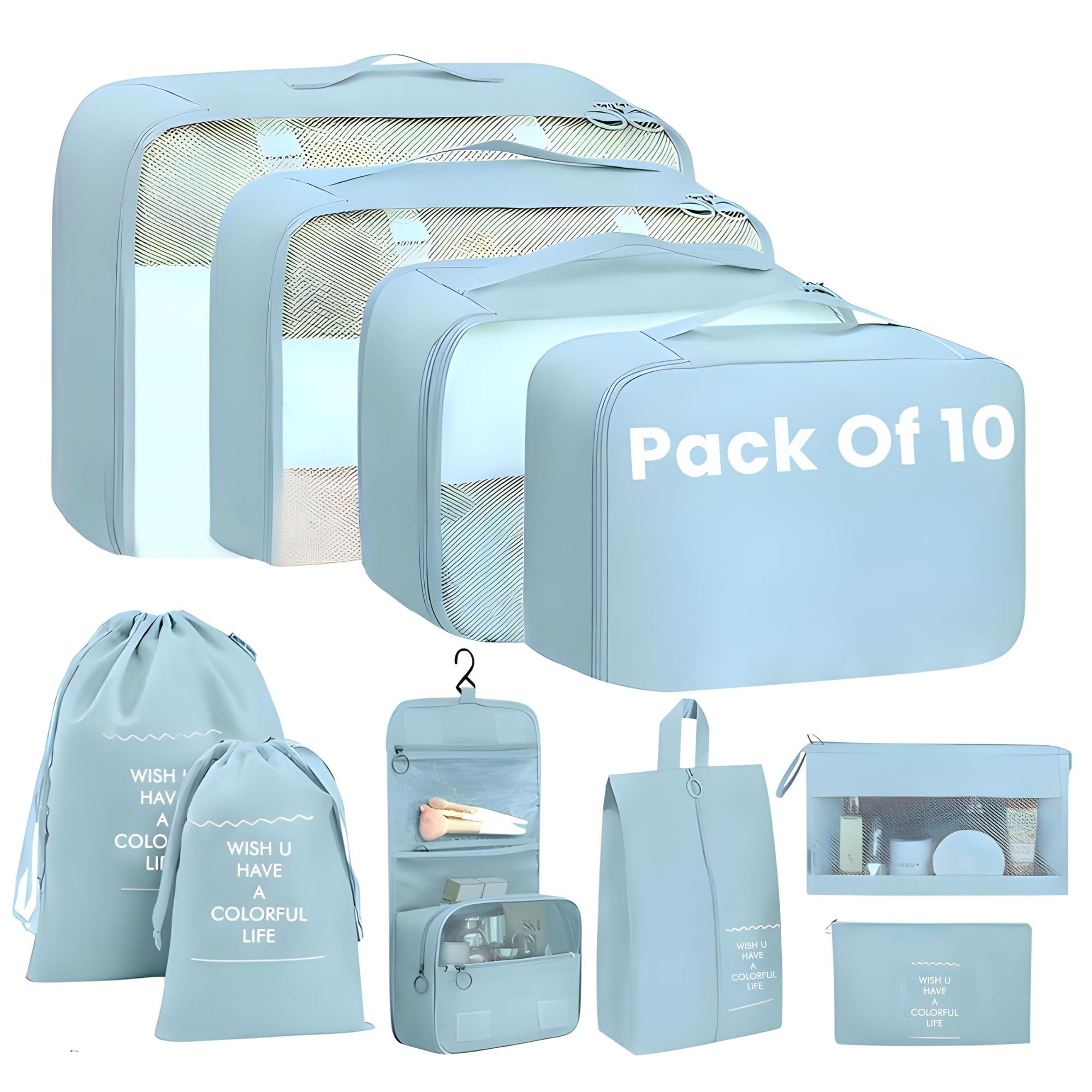 OCEANEVOMesh Packing Cubes Organiser for Travel, Travel Organizer Bags for Luggage, Suitcase includes 2 Drawstring Bags, Shoe Bag and Toiletry Bag with Hook - Set of 10 - Sky Blue, 32 x 11 cm