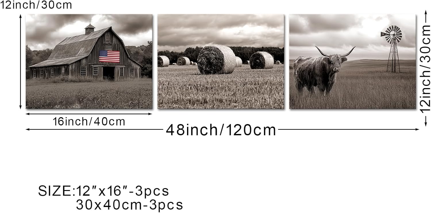 iKNOW FOTO Farmhouse Wall Art Rustic Kitchen Decor, Sepia Highland Cow Barn Windmill Scenic Canvas Prints, Vintage Poster Pastoral Artwork Giclee Prints, Set of 3, 12x16 Ready to Hang