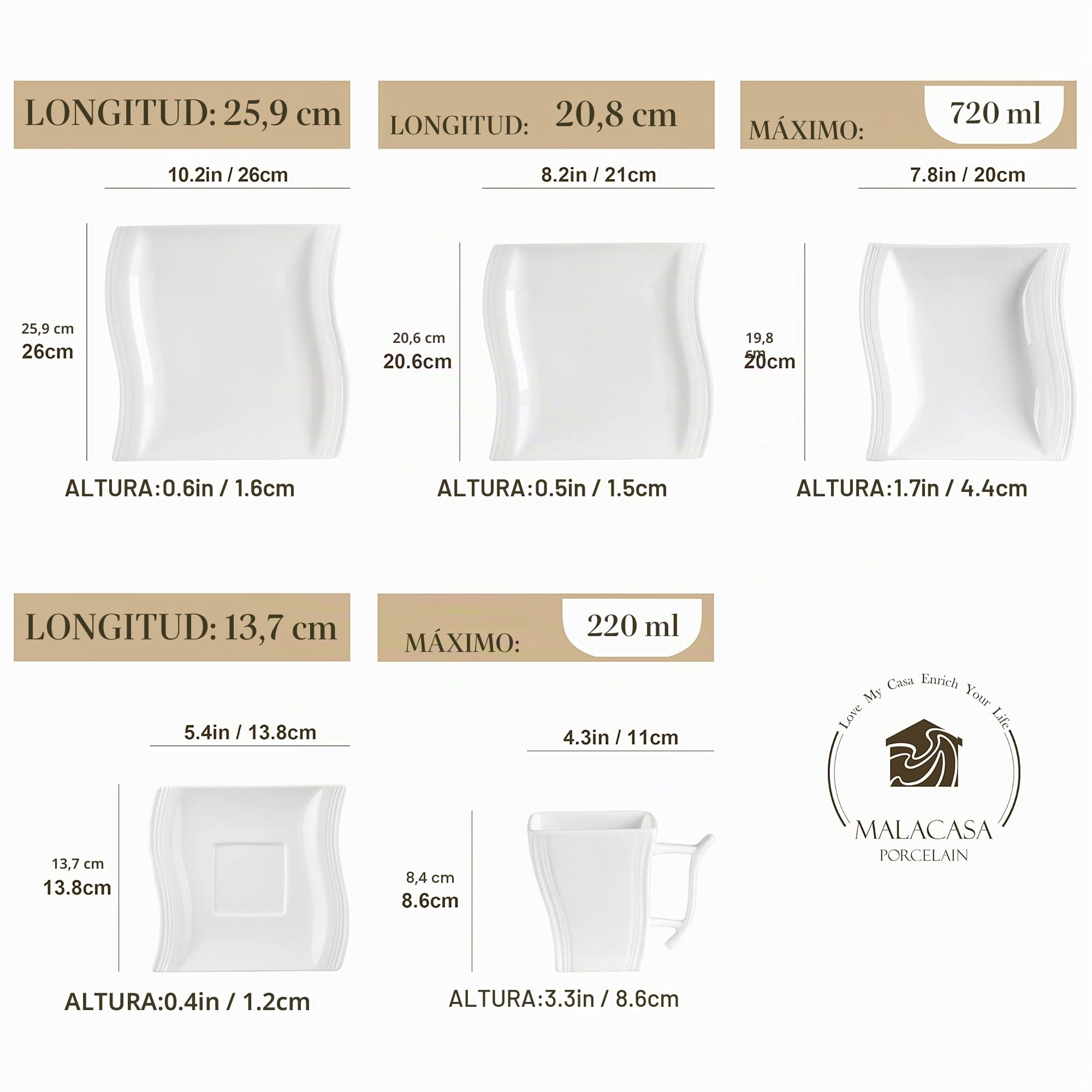 MALACASA Vajilla de Porcelana de 60 Piezas para 12 Personas, con 12 Tazas, 12 Platillos, 12 Platos Llanos, 12 Platos de Postre y 12 Platos Hondos, Serie FLORA