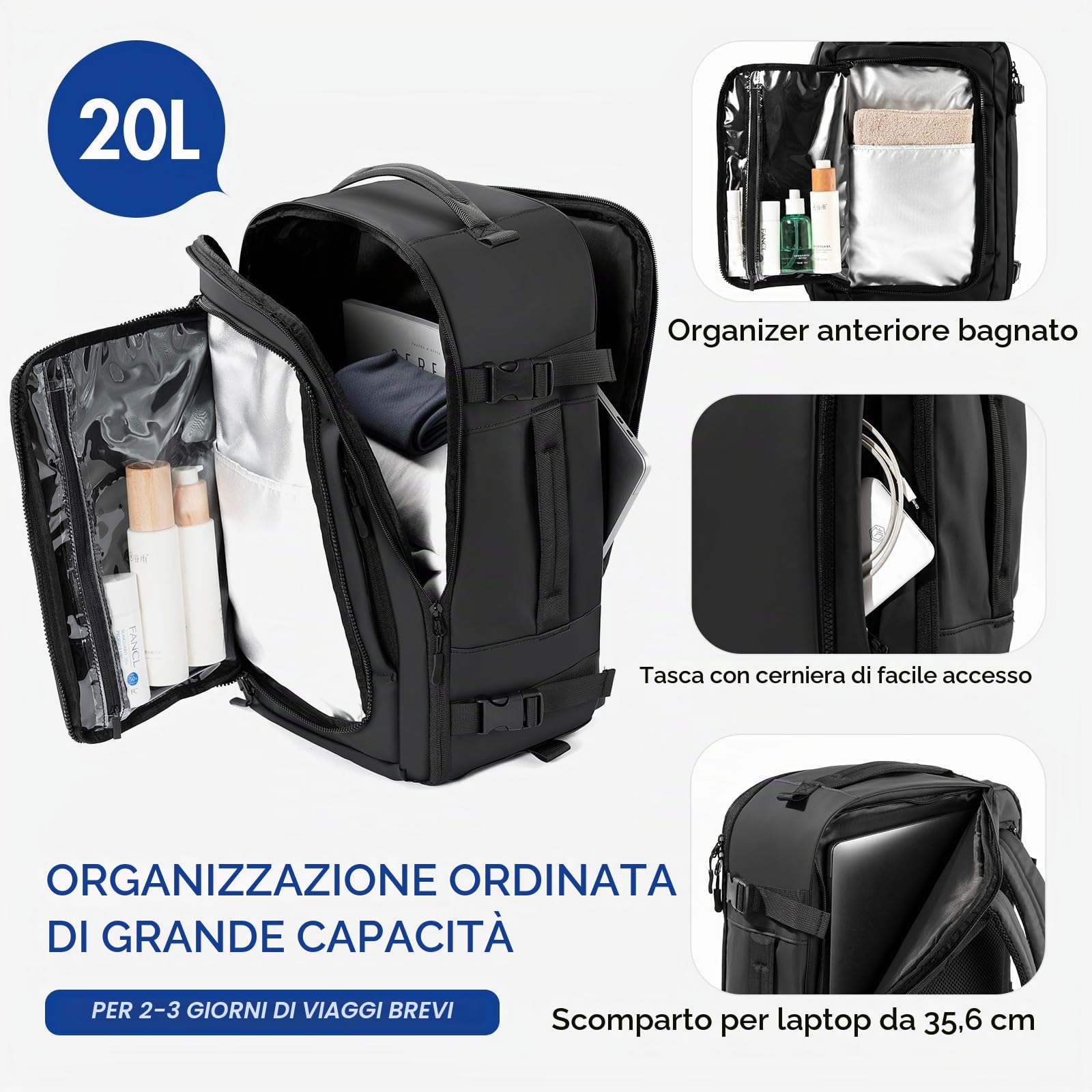 Zaino da viaggio, 20, 28 o 40 l, impermeabile, ideale come bagaglio a mano in aereo, adatto per viaggi, affari, lavoro, vacanze
