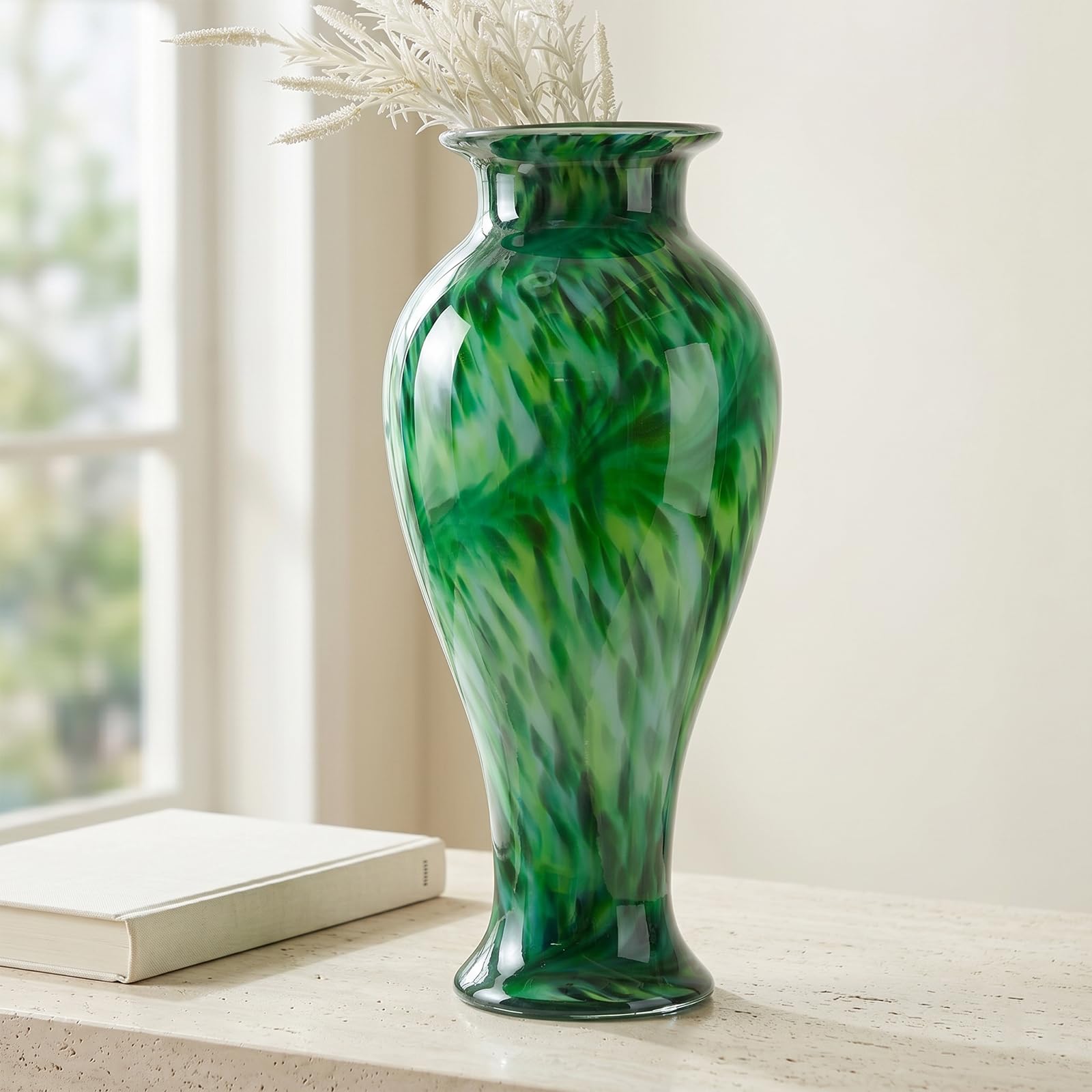 Vaso di vetro verde alto 50,8 cm, soffiato a mano, grande vaso di vetro da pavimento, decorazione per la casa, graziosi moderni vasi di fiori verde scuro, Jarrones Grandes para Sala Elegantes, grandi