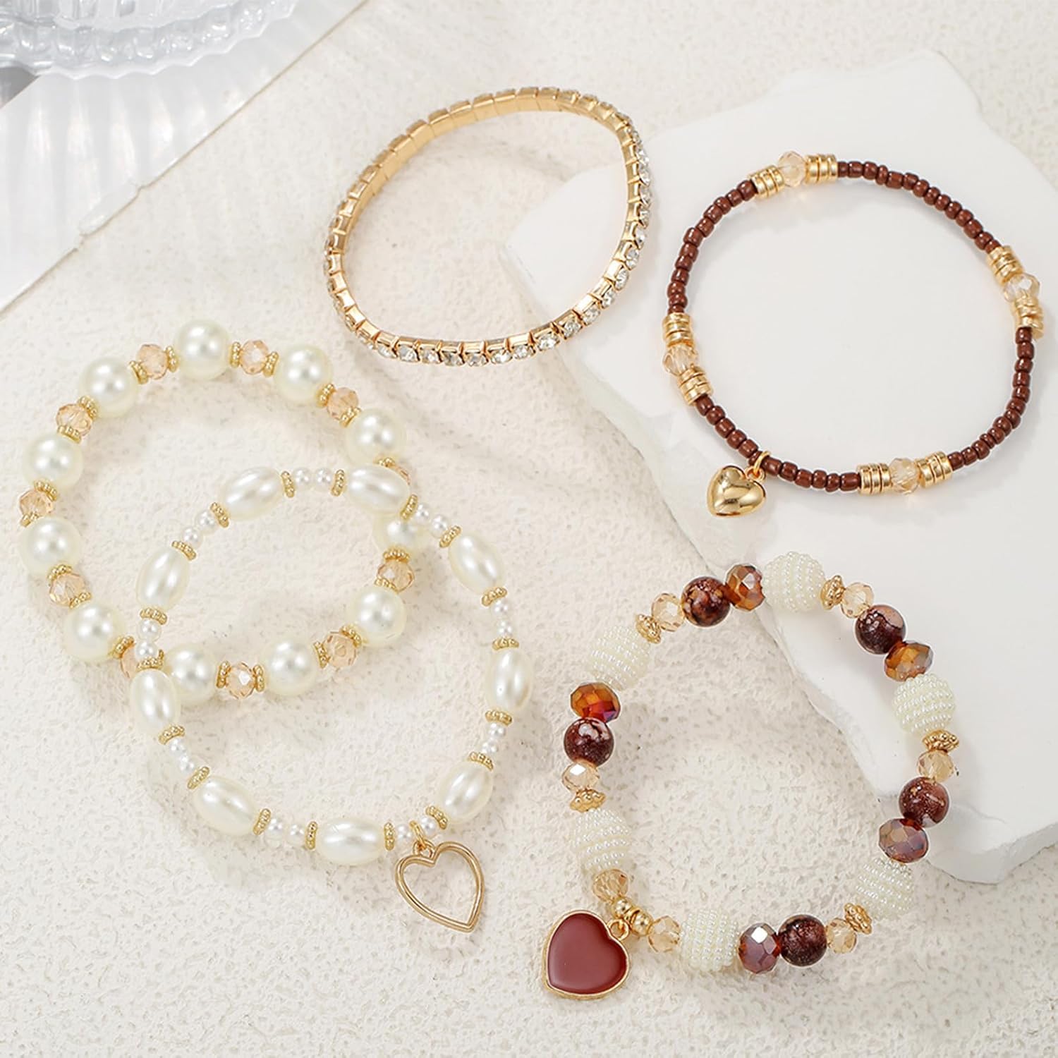 Bohemian Multilayered Faux Pearl Beaded Heart Pendant Crystal Zircon Stackable Multicolor Bracelets Set for Women Handmade Friendship Summer Beach Stretch Bangle Jewelry - Image 4