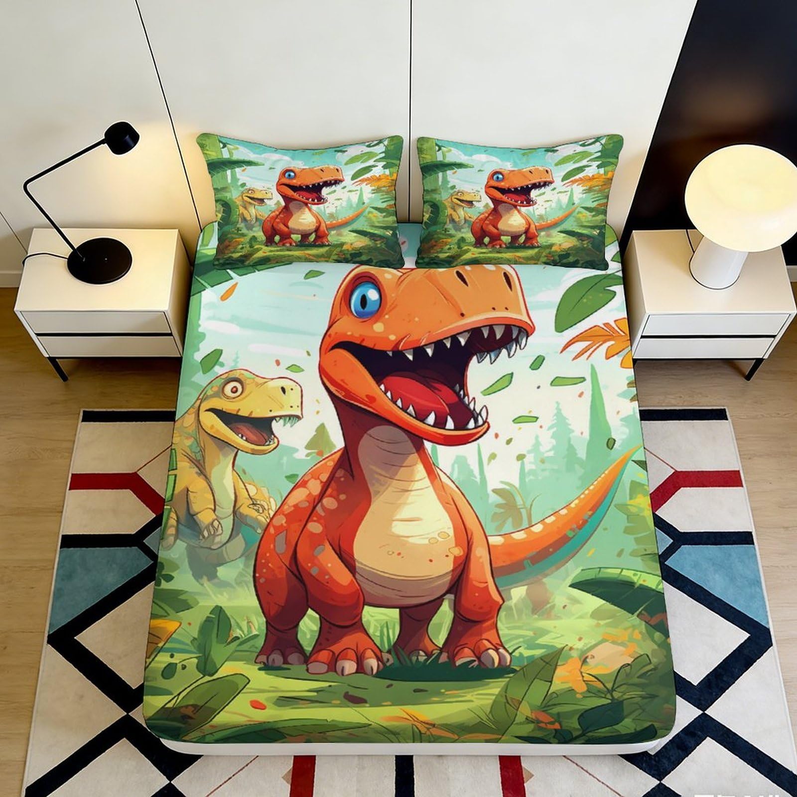 3D Printed Cartoon Dinosaur Fitted Sheet Microfiber Soft Orange Green Jungle Bed Cover for Bedroom Dorm Mattress Decor 120x200x25cm