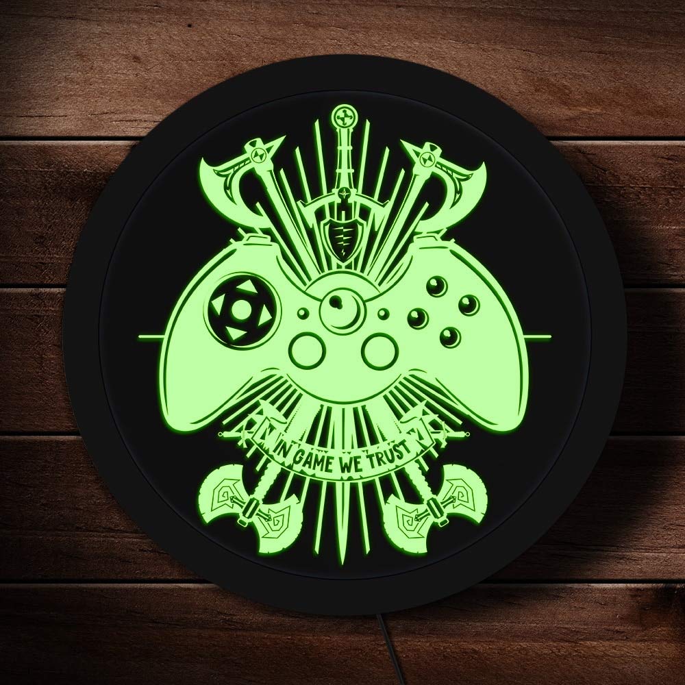 25cm In Game We Trust Controller per videogiochi Insegna luminosa a LED vintage con armi Joystic Fantasy Sala giochi Insegne luminose elettroniche 7 colori modificabili Regalo per bambini Regali per