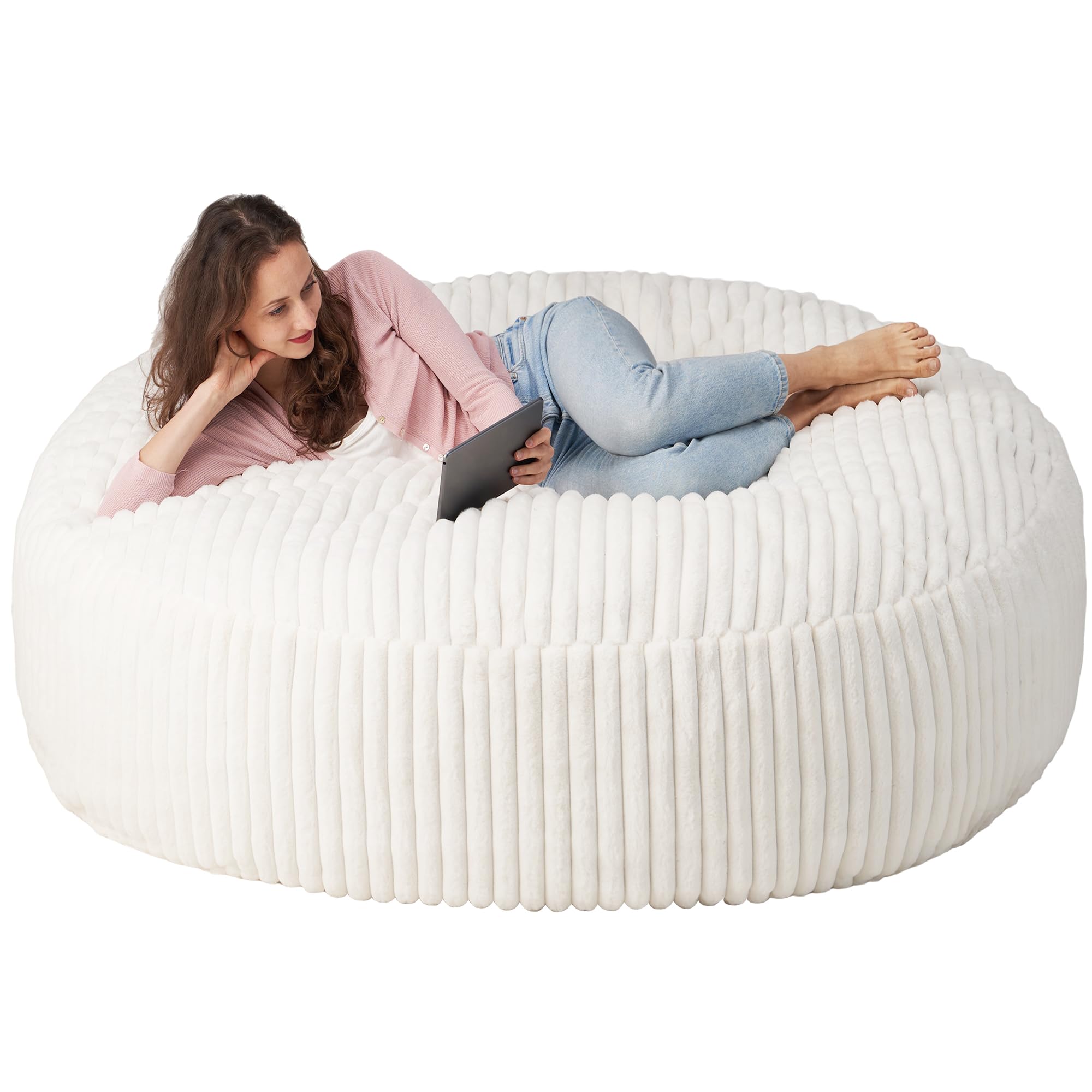 Bean Bag Chair, 6' BeanBag Chairs with Memory Foam Filling for Adults, Soft Bean Bags with Corded Plush Fur Cover for Living Room Bedroom College Dorm 6FT(70"×70"×15")-White