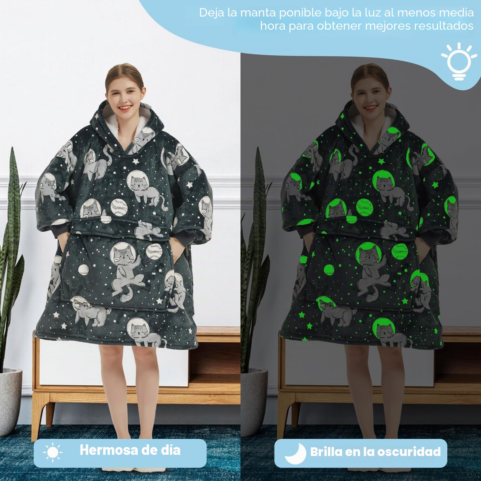 Wenlia Sherpa Hoodie Sudadera Manta para Mujer, Manta Extragrande con Estampado Sherpa con Capucha Gigante de Franela de Invierno para TV, Talla única, Regalo Ideal para niñas