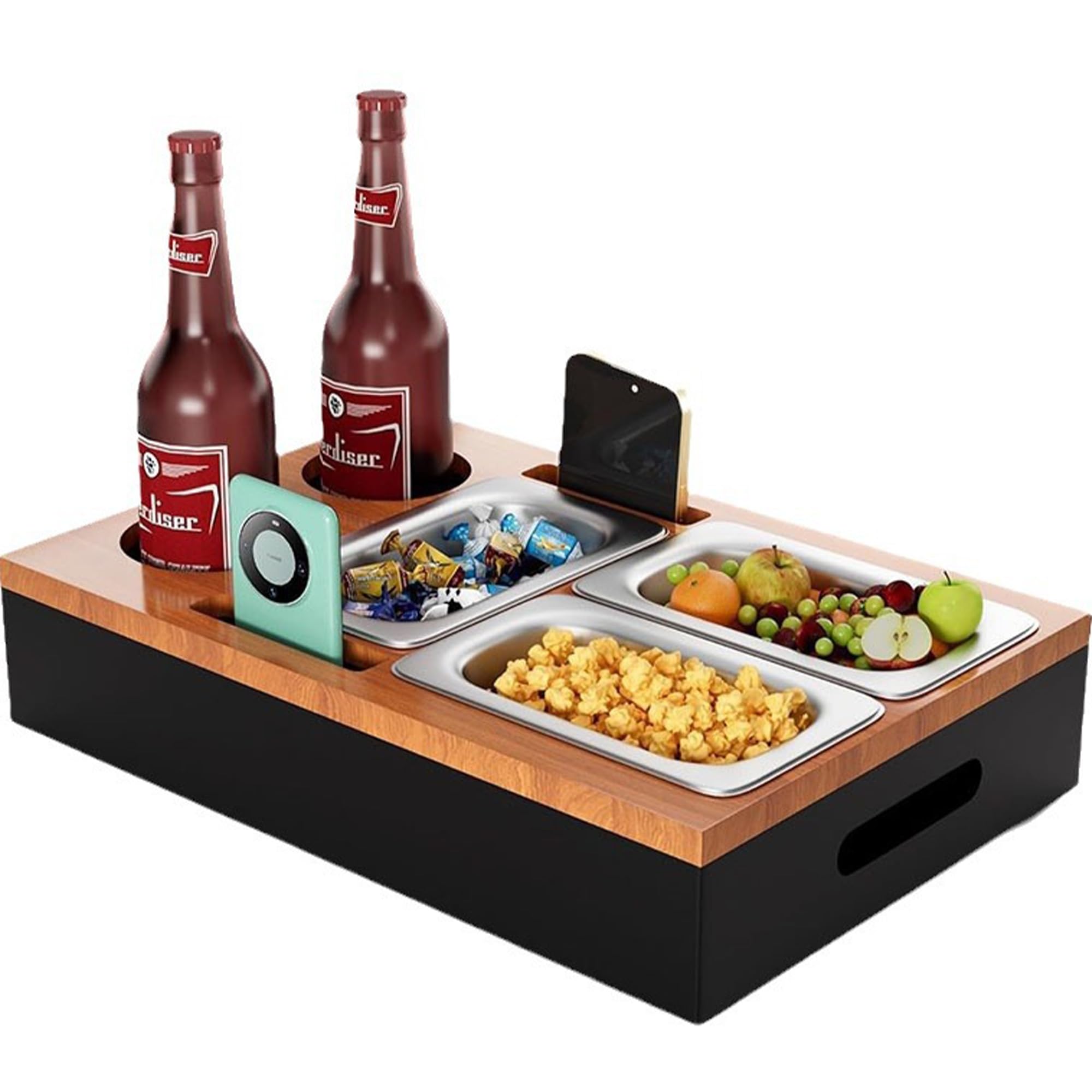 YUEMING Caja de aperitivos para sofá, bandeja de sofá de madera con cuencos de acero inoxidable, bandeja de servir para sofá, estante para sala de estar, dormitorio, jardín, camping