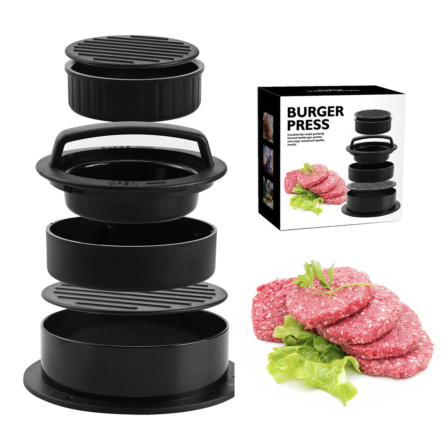 Burger Press 3 in 1 Patty Maker Stuffed Ring Mold Kit Non Stick w/ 100 pcs Paper