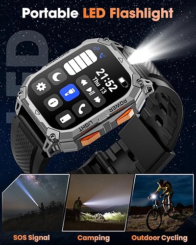 Miniatura 5 de Relojes inteligentes militares para hombre, reloj inteligente HD de 2.01 pulgadas con batería de 1000 mAh, 2 correasrespuestallamadalinterna LED,