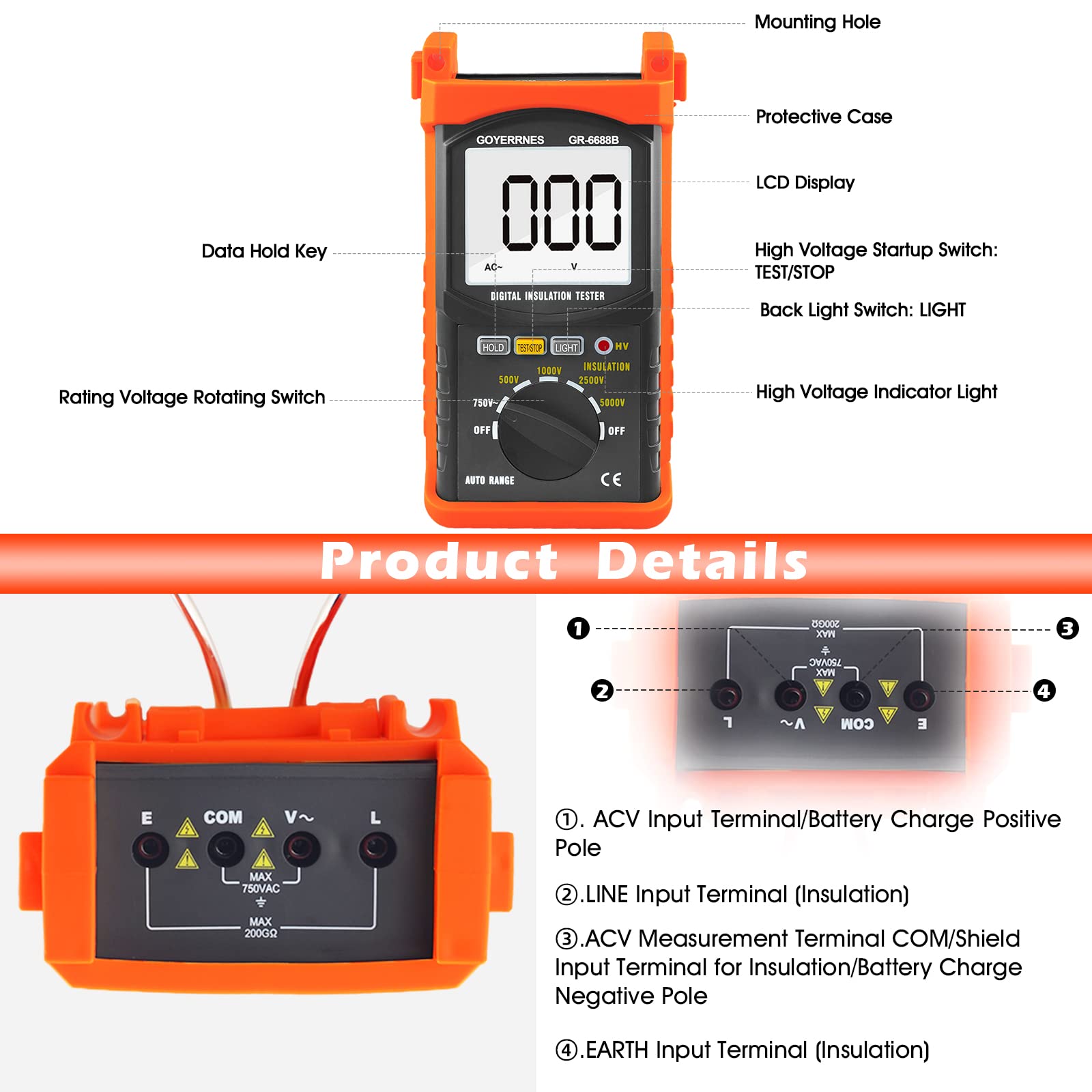 Megaohmmetro portatile GR-6688B 200GΩ Tester resistenza isolamento 500V-5000V
