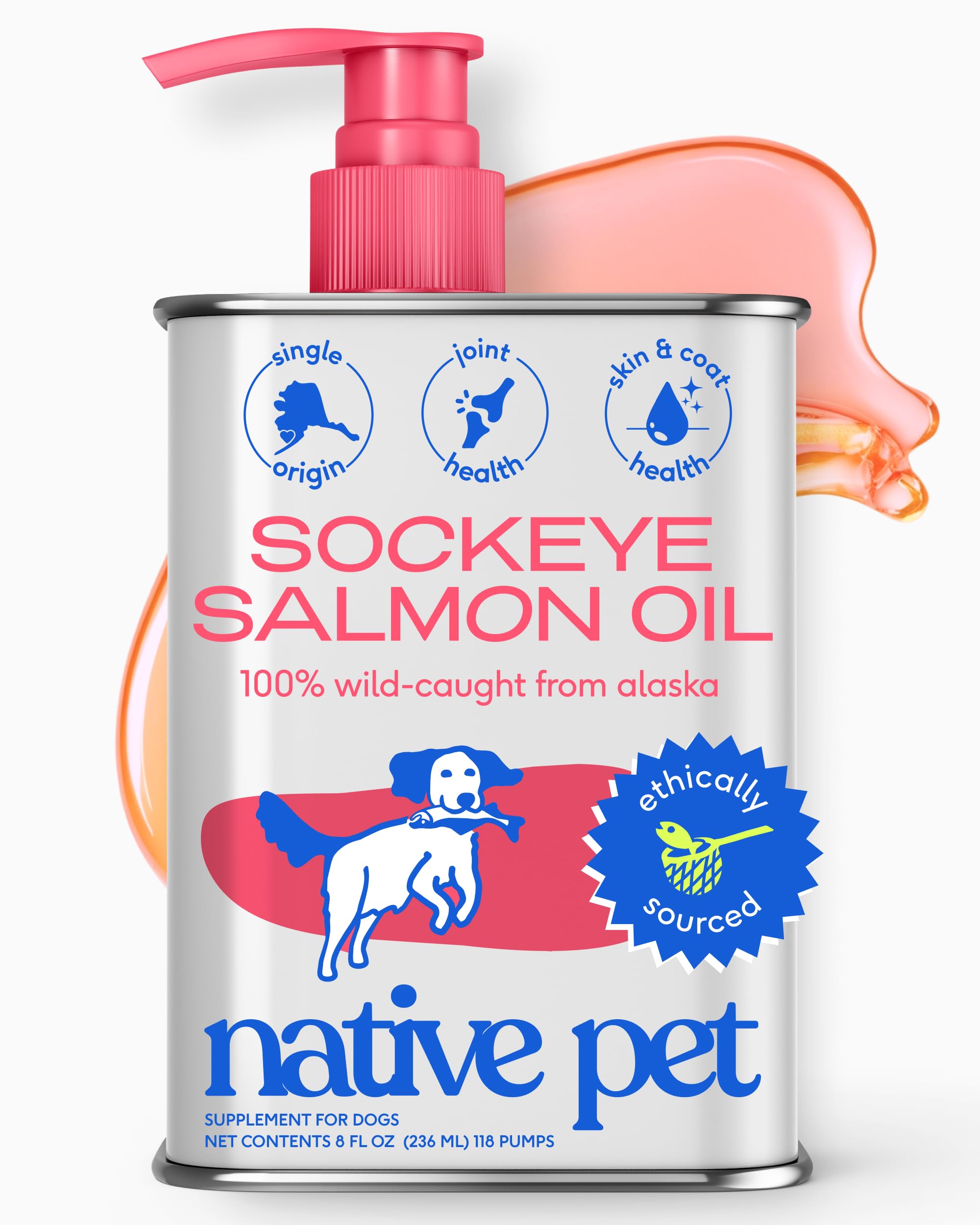 Native Pet Sockeye Salmon Oil for Dogs &amp; Cats - Wild Alaskan Fish Oil for Dogs - Supports Strong Joints, Skin &amp; Coat, Heart Health &amp; Cognition - Single-Origin Pure Omega-3 EPA &amp; DHA - 8oz