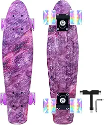 Nattork Skates Mini Cruiser 55 cm roxo skate completo retrô skate com luzes coloridas PU rodas para crianças meninas meninos iniciantes