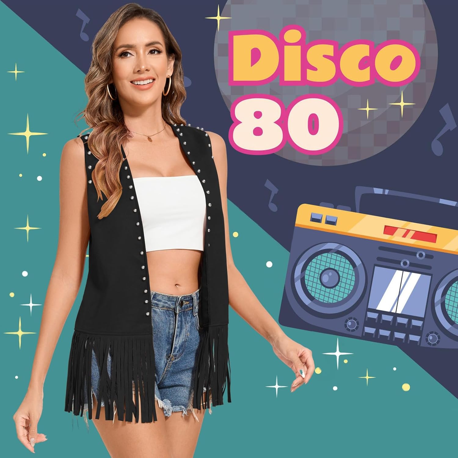 Womens Tassel Fringe Vest Sleeveless Western Cowgirl Vest 60s 70s Costume Tops Hippie Jacket for Halloween - Image 5