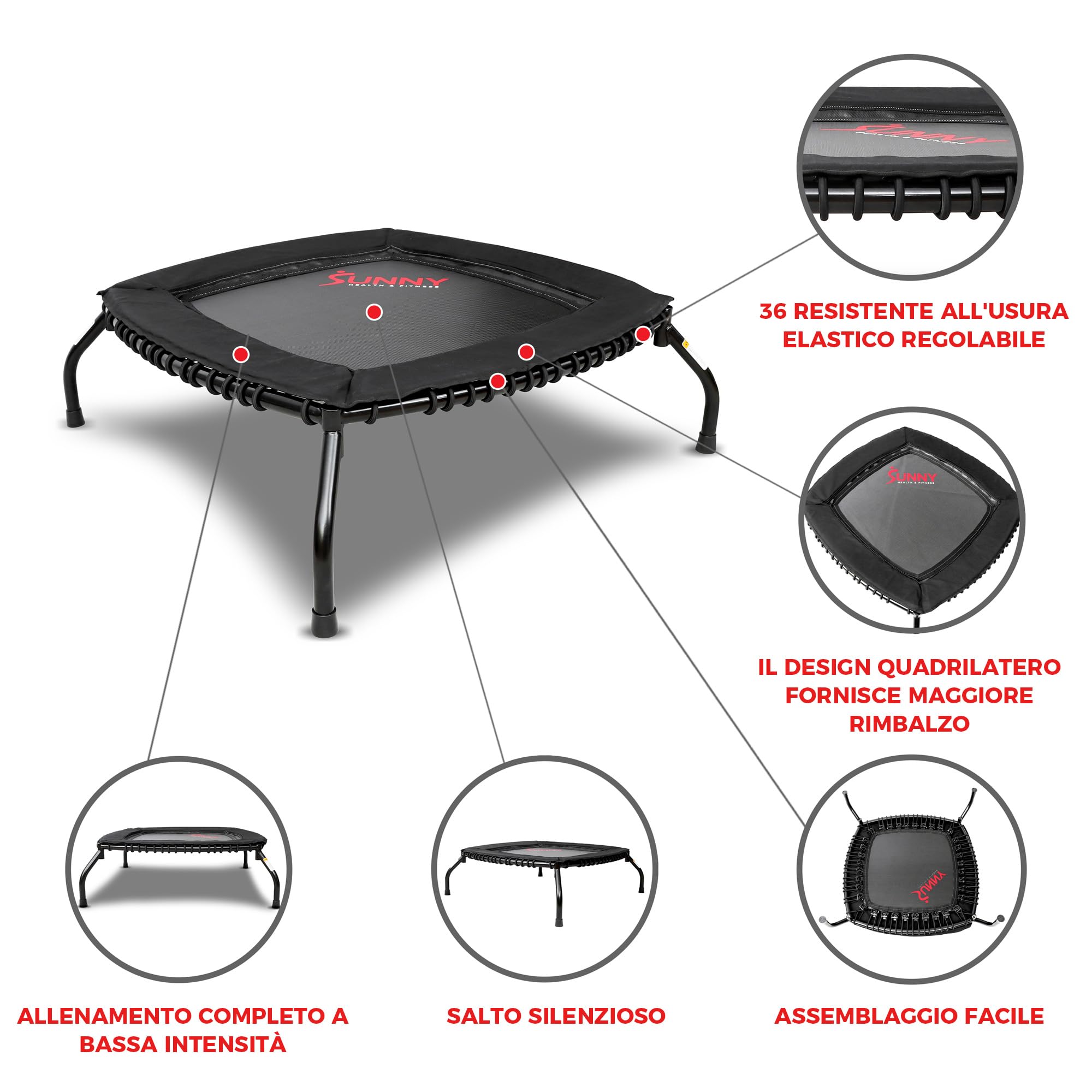 Sunny Health & Fitness Mini Trampolino Fitness Senza Molle – Rebounder Premium con Sistema Elastico Regolabile per Uso Interno ed Esterno, Progettato per Allenamenti Più Silenziosi e Sicuri