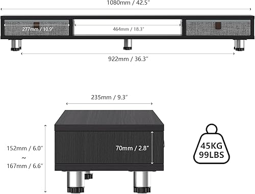 Miniatura 3 de Fenge Soporte de monitor doble con 2 cajones, elevador grande de computadora de 42.5 pulgadas para escritorio, estante de escritorio de altura