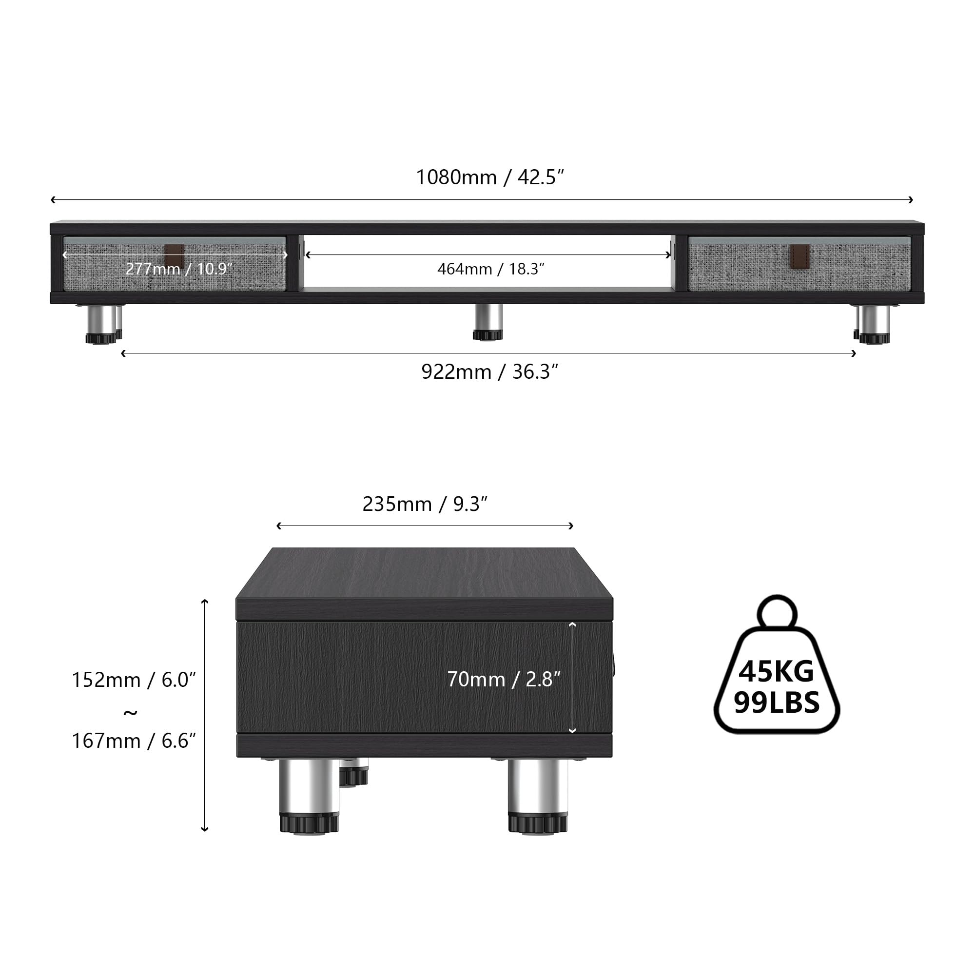 Fenge Supporto per Doppio Monitor con 2 Cassetti, Supporto per Monitor in Legno con Altezza Regolabile per PC/Laptop/stampante 108x23,5x15,2cm Nero