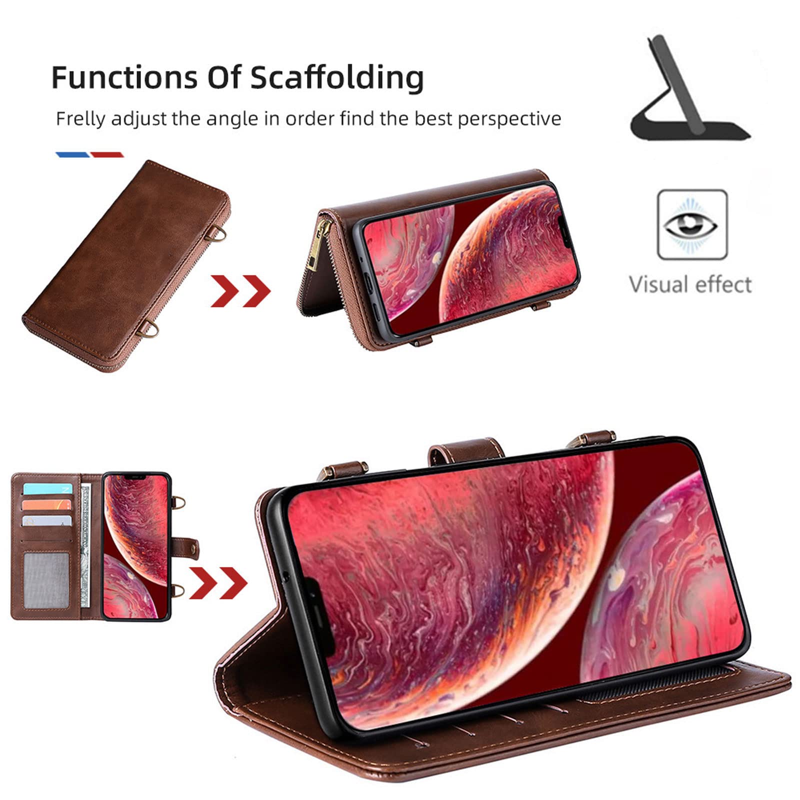 Etui do iPhone 14 / 14 Pro / 14 Plus / 14 Pro Max, klapki, zamek błyskawiczny, etui na telefon komórkowy, przegródka na karty, magnetyczne, odporne na zarysowania, brązowe, 14 Pro 6,1"