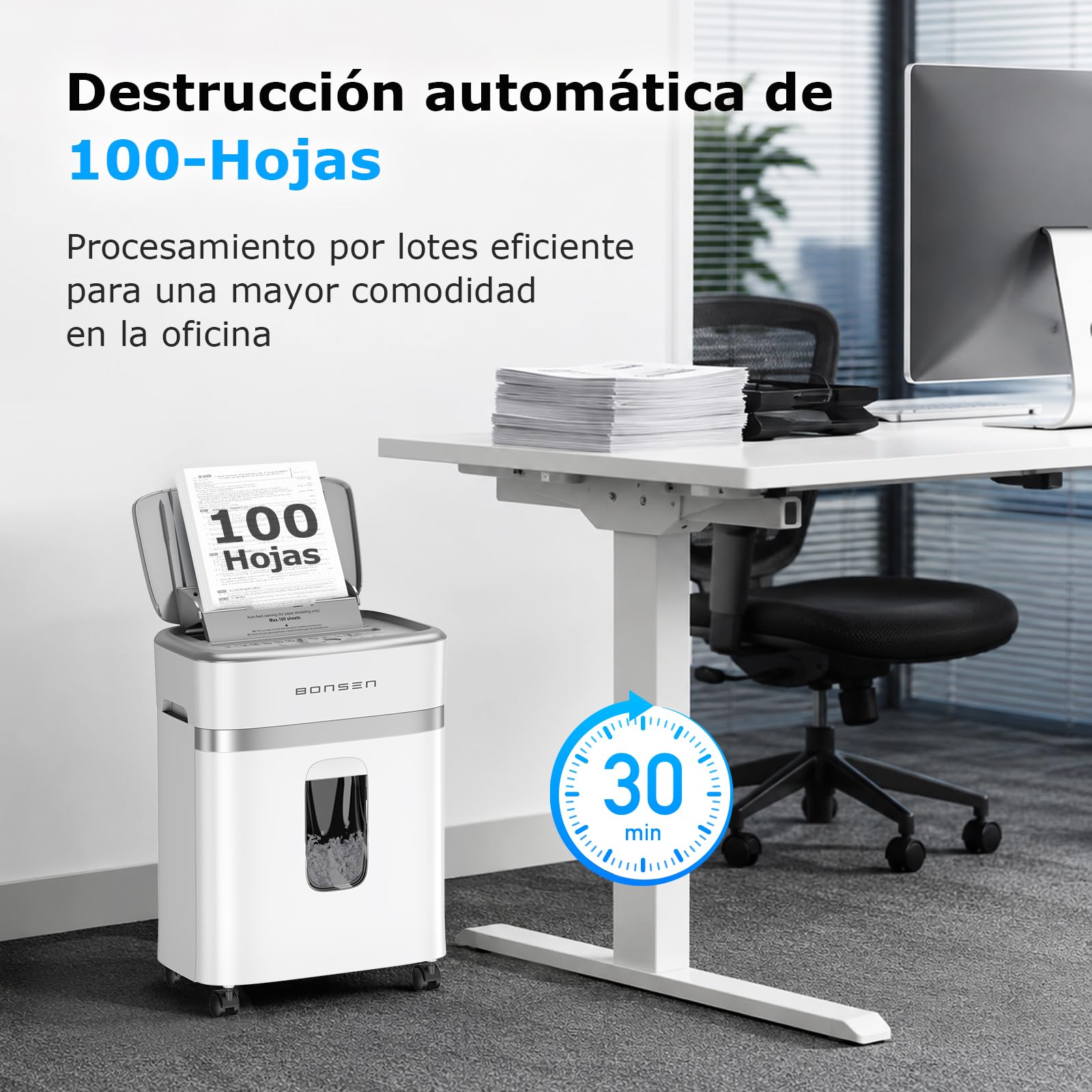 Bonsen Destructeur de Documents 100 Feuilles Auto-Feed, P-4 Micro-Coupe | 30 Min. de fonctionnement en continu & silencieux ≤60dB pour maison et bureau, S9201