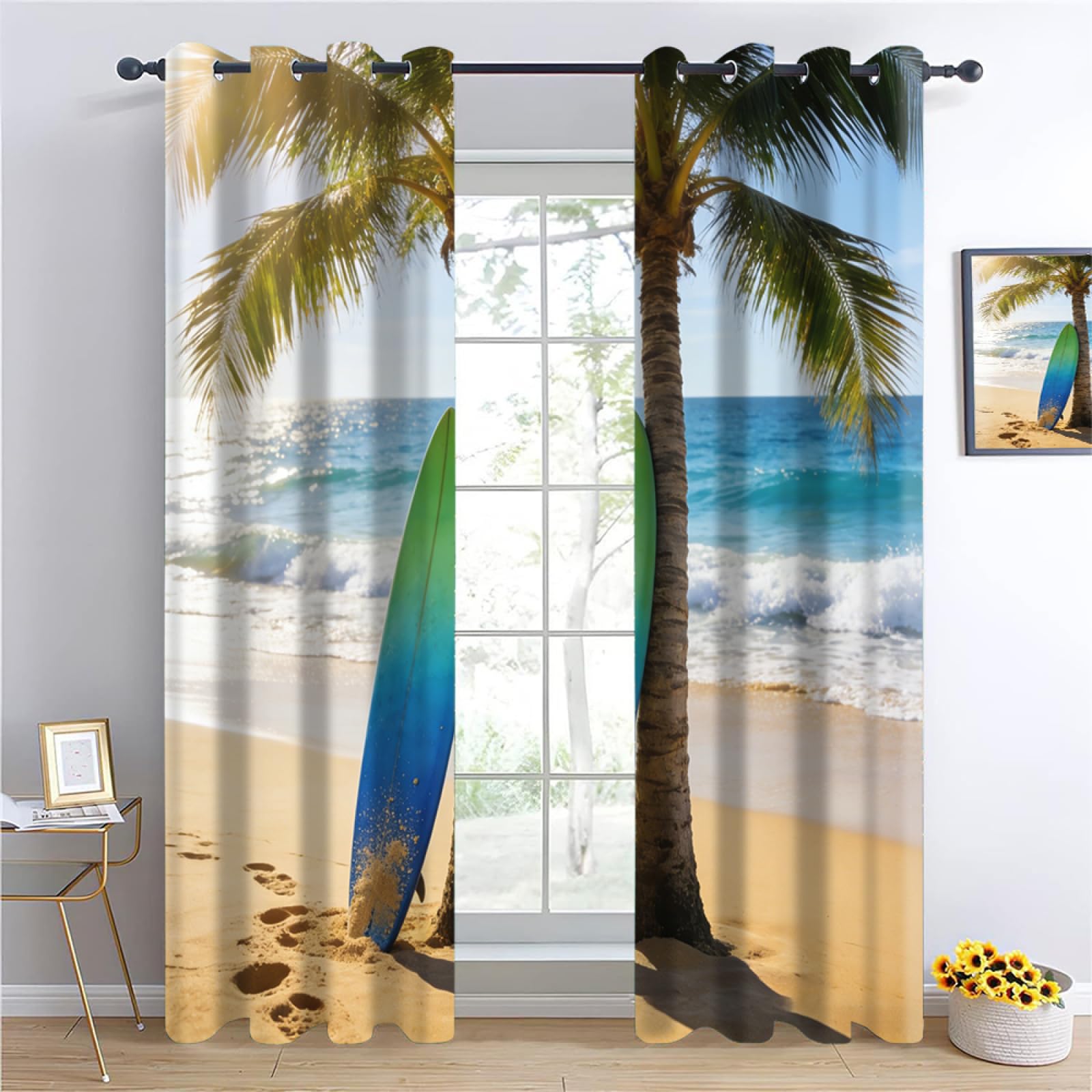 YNIOFU surfboard Insulated Blackout Curtains,Coconut trees on the beach Bedroom Curtains, Tropical style Drapes for Kids Nursery, Surf culture Living Room Printed Noise Reducing W96 x L183cm 2 Panels