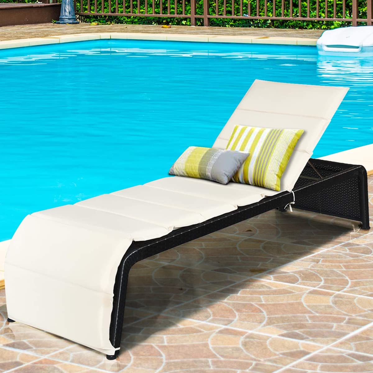 COSTWAY Rattan Sun Lounger, Adjustable Deck Chaise Sunbed with Removable Cushion, Outdoor Wicker Reclining Chair for Patio, Garden, Poolside and Beach (Cream White, 5-Position Height)