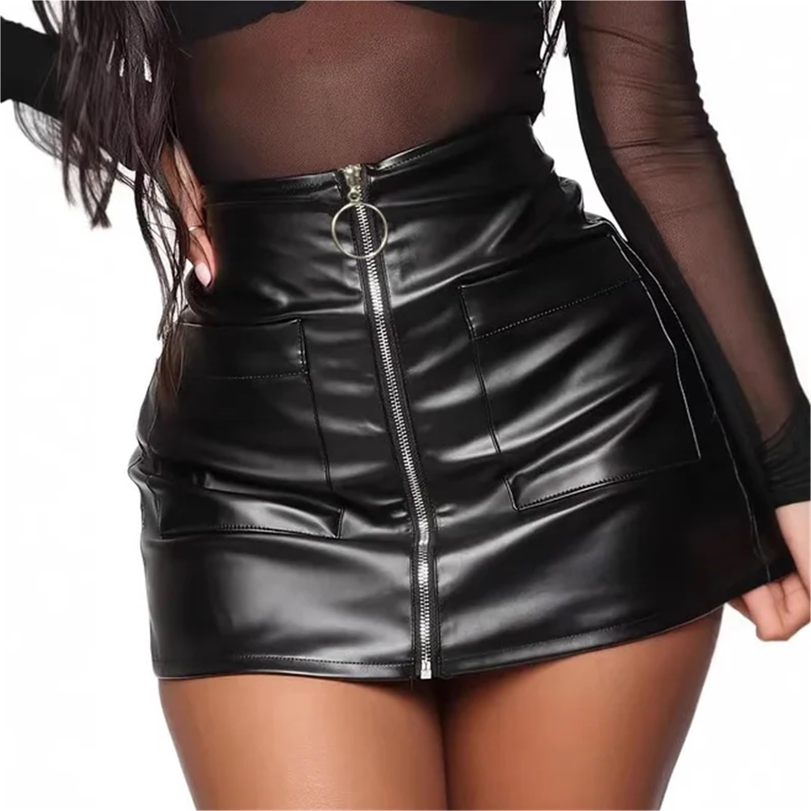 Falda De Cuero para Mujer Minifaldas for Mujer, Faldas Suaves de Piel sintética, Cintura Alta, Cremallera Frontal, lápiz for Fiesta en Club para Mujer