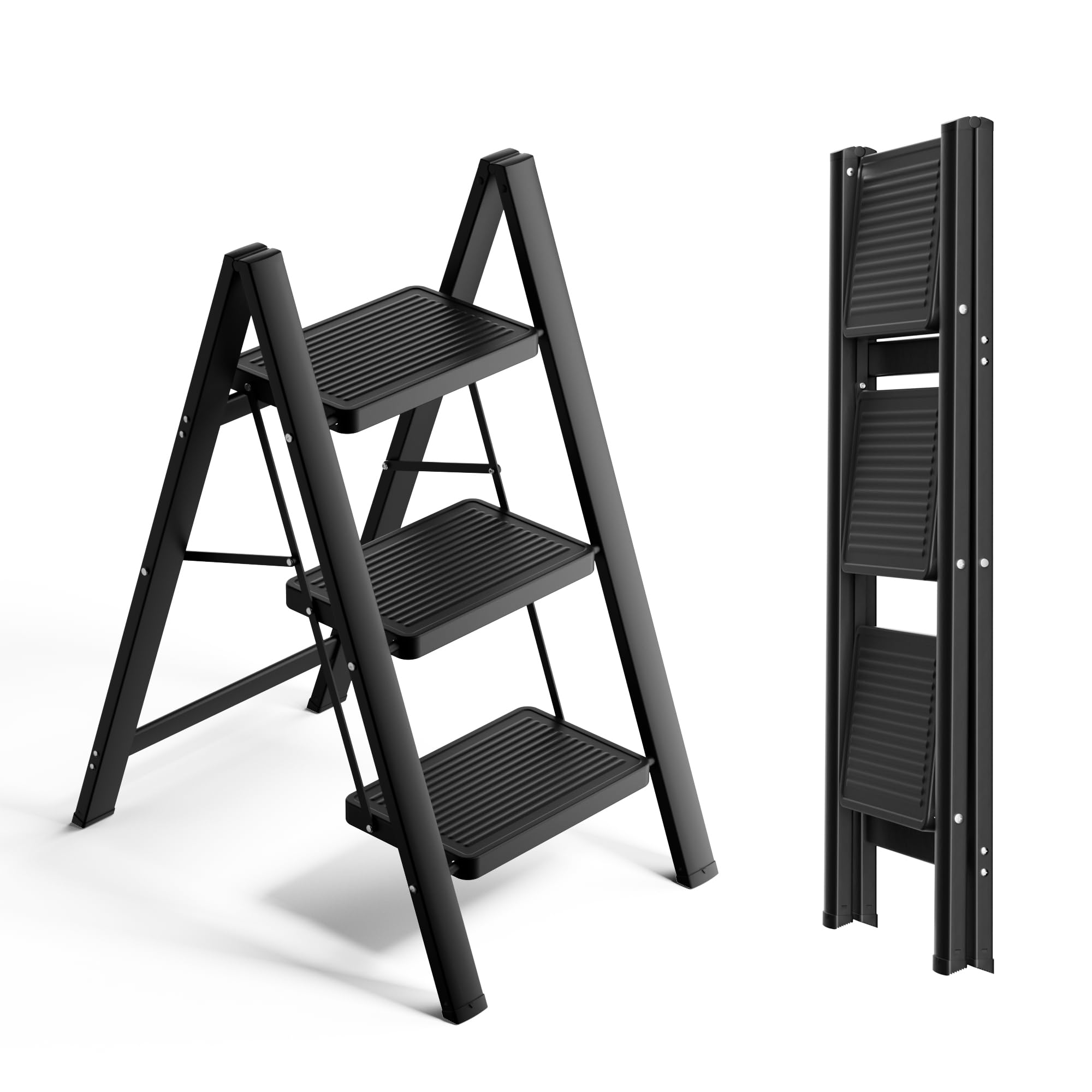 SOLADDER 3 Steps Stool Ladder, Anti-Slip Folding Step Stool Aluminum Lightweight with Wide Pedal for Home and Kitchen Use, Space Saving - Black (330 lbs)
