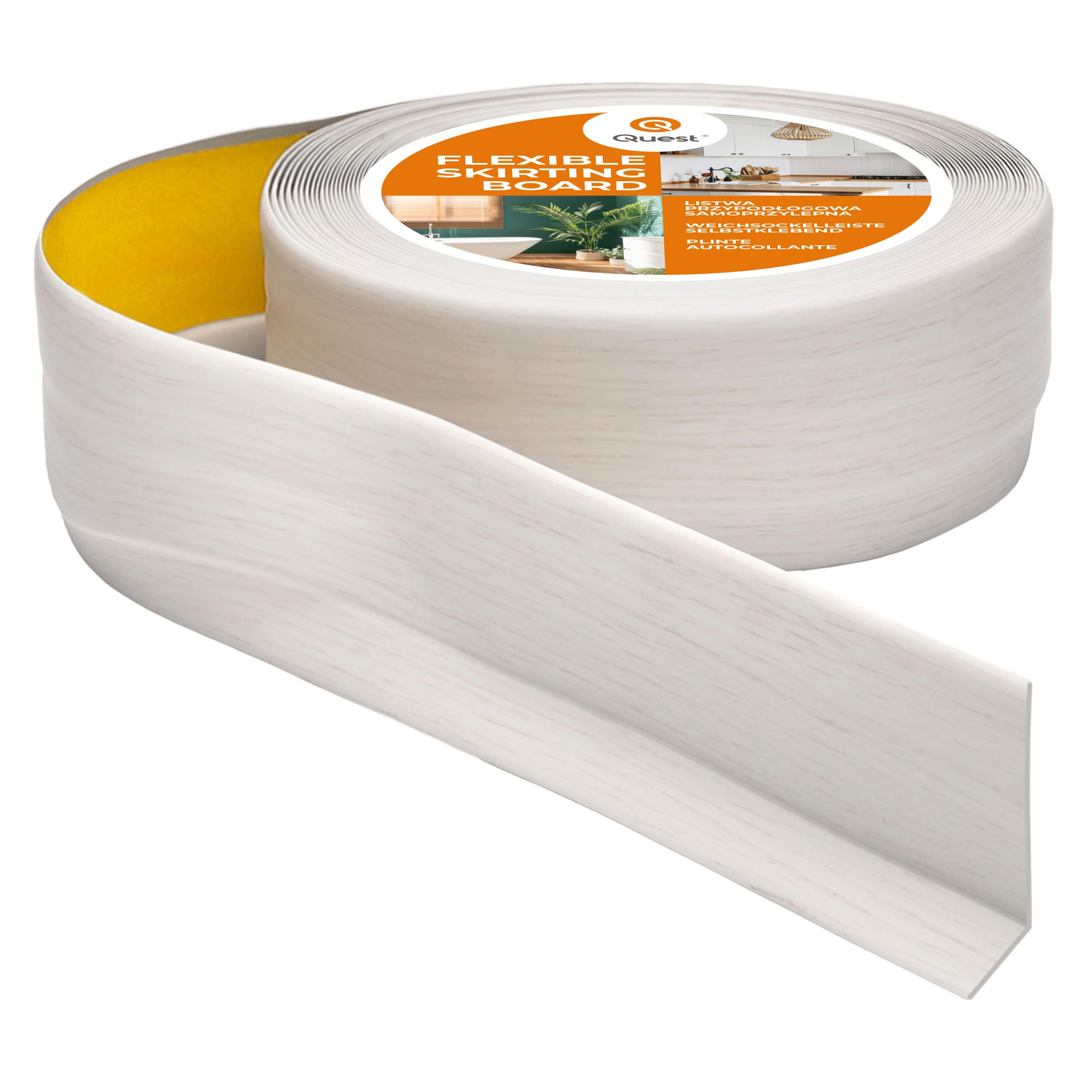 Quest Battiscopa Morbido Adesivo - 50 mm x 20 mm - Listello in PVC, Finitura Flessibile, Profilo Angolare per Cucina, Bagno, Parete, Pavimento - Decorativo (Betulla, 5m)