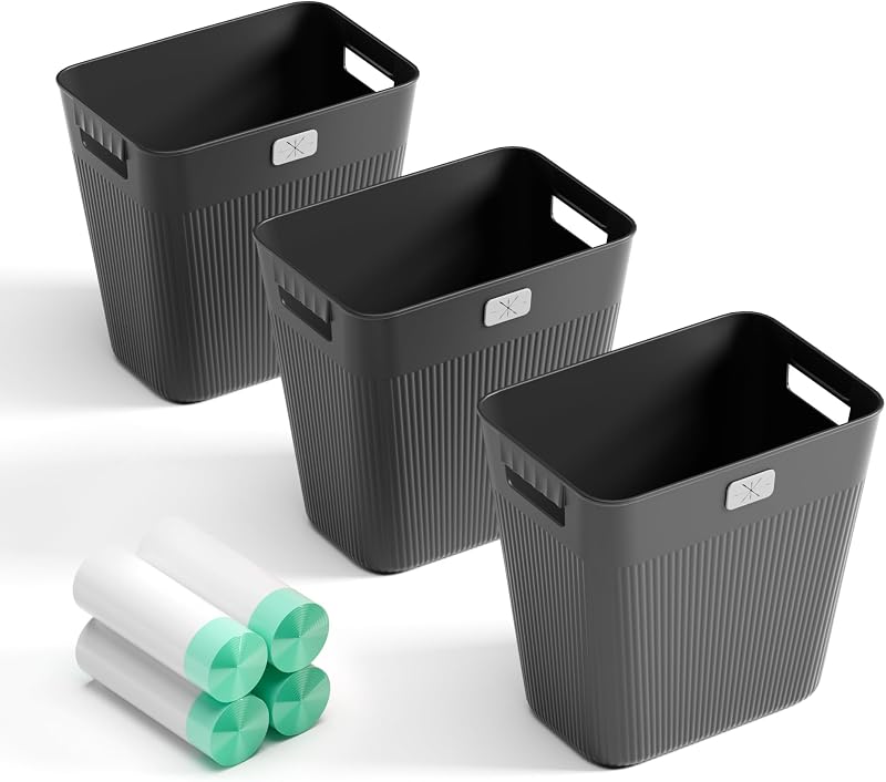 Paquete de 3 botes de basura delgados, cesto de basura de plástico de 2,2 galones para baño, dormitorio, oficina, cocina con 4 rollos de bolsas, negro