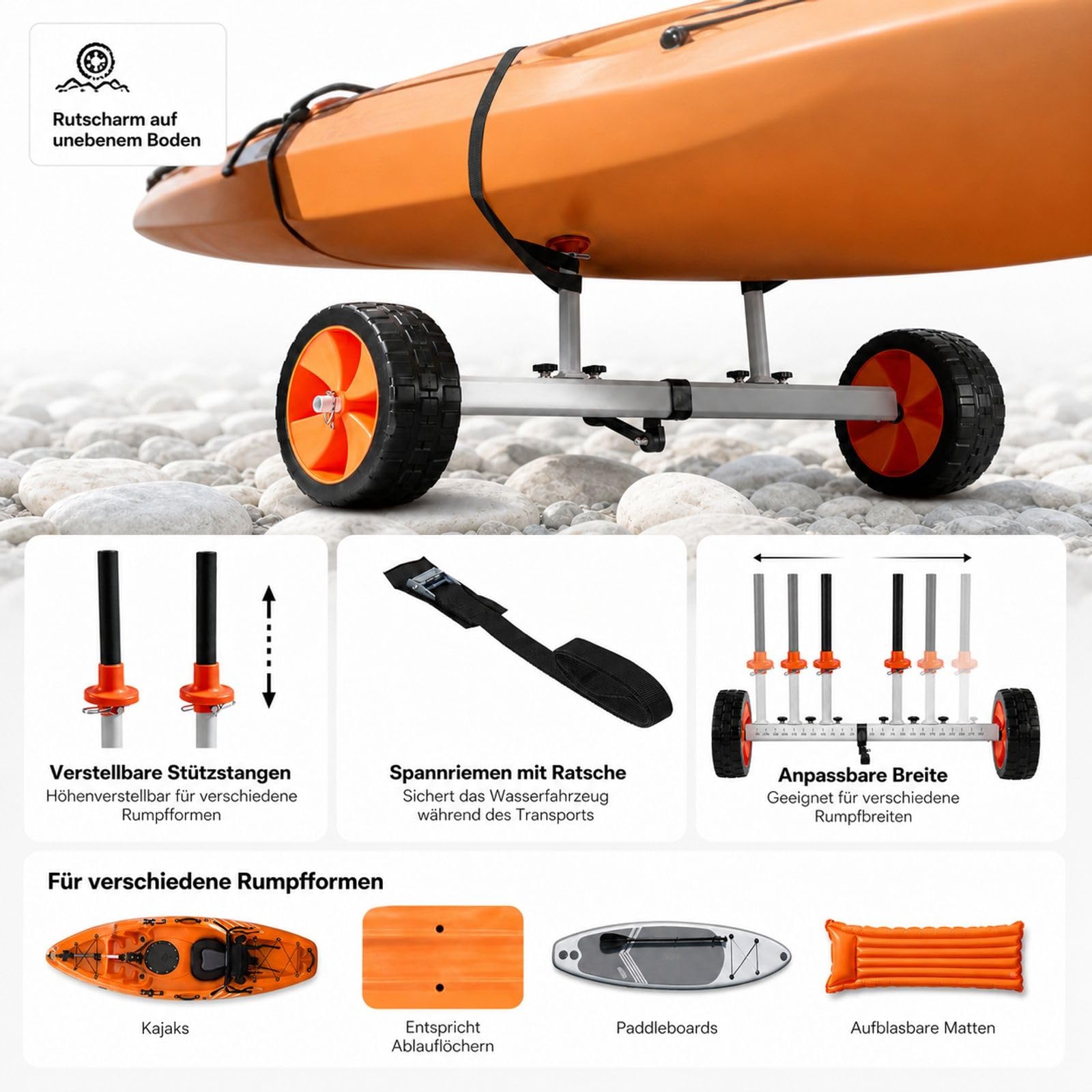Kajakwagen mit 113 kg Traglast, Reifen und Spanngurt, Bootswagen für Kajaks, Kanus, Paddleboards, Jon-Boote und Wassersportgeräte