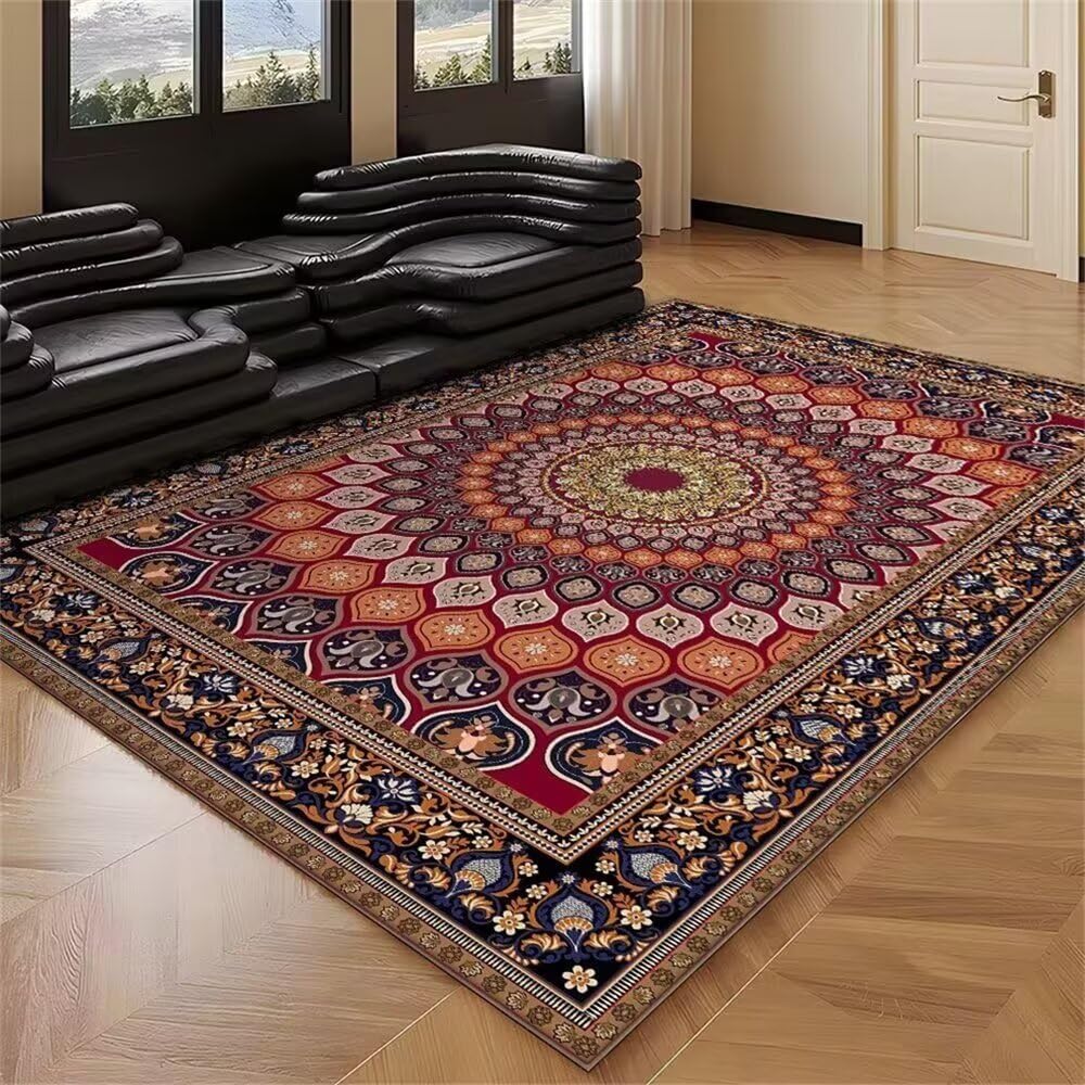 Tapis de salon rouge et bleu 60x110 cm lavable au style floral rétro