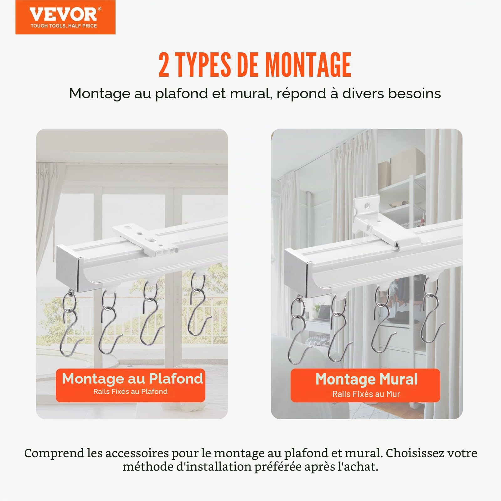 VEVOR Ensemble de rails de rideaux de plafond, 5,4 m, système de rails de plafond coulissants pour rideaux, séparateur de pièce fixé au plafond/au mur pour chambre avec crochets, quincaillerie, blanc