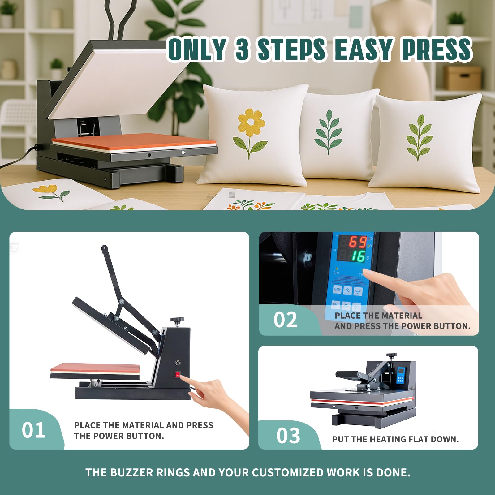 OLIXIS Heat Press, 15x15 Heat Press Machine for T Shirts with LCD Display & Memory Mode, 1200W Heat Transfer Machine for Bags, Pillows, Aprons