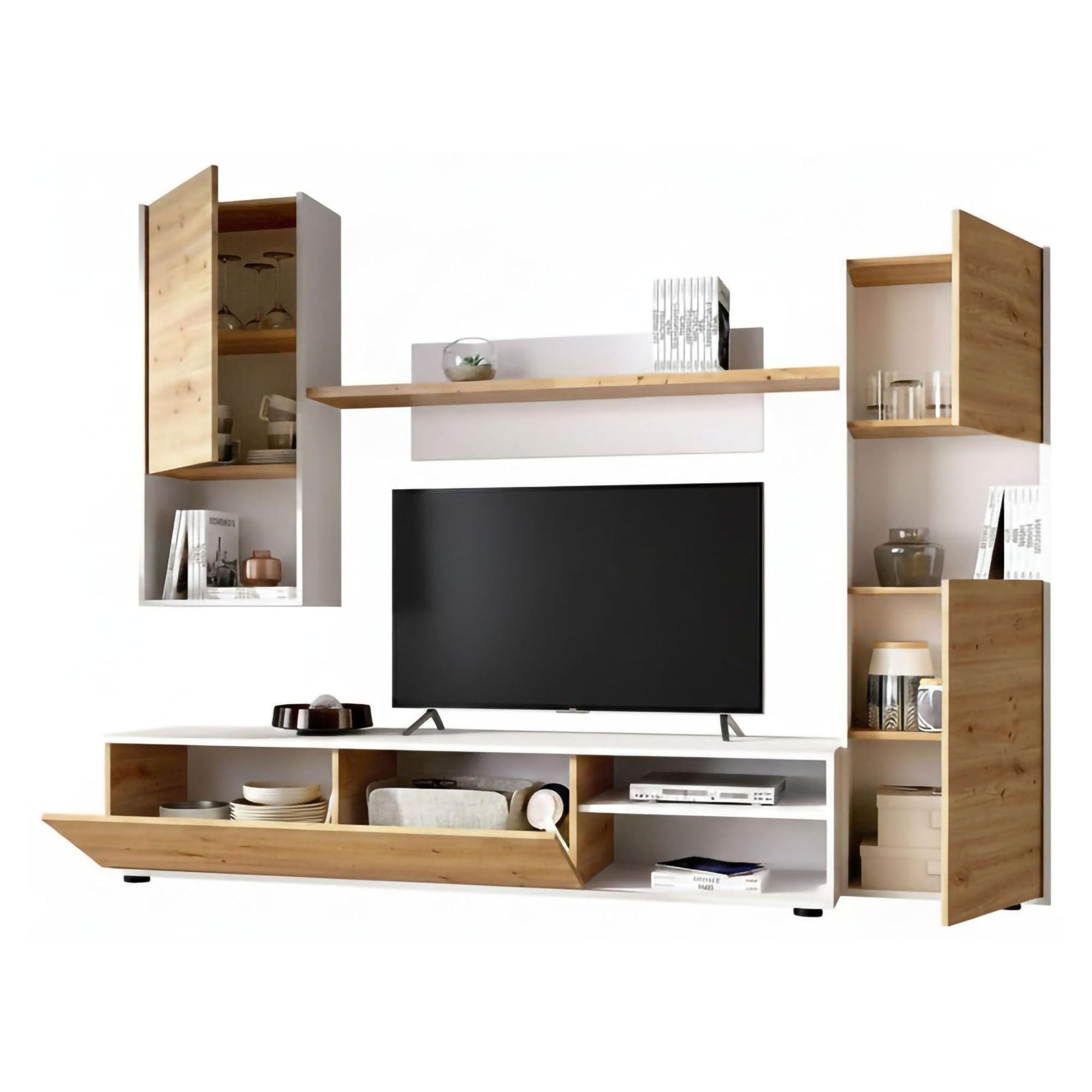 Dmora Parete Attrezzata Foraker 41x220x180h cm Marrone Rovere Nodi 9 Ripiani Modulabile, Apertura Battente e a Ribalta