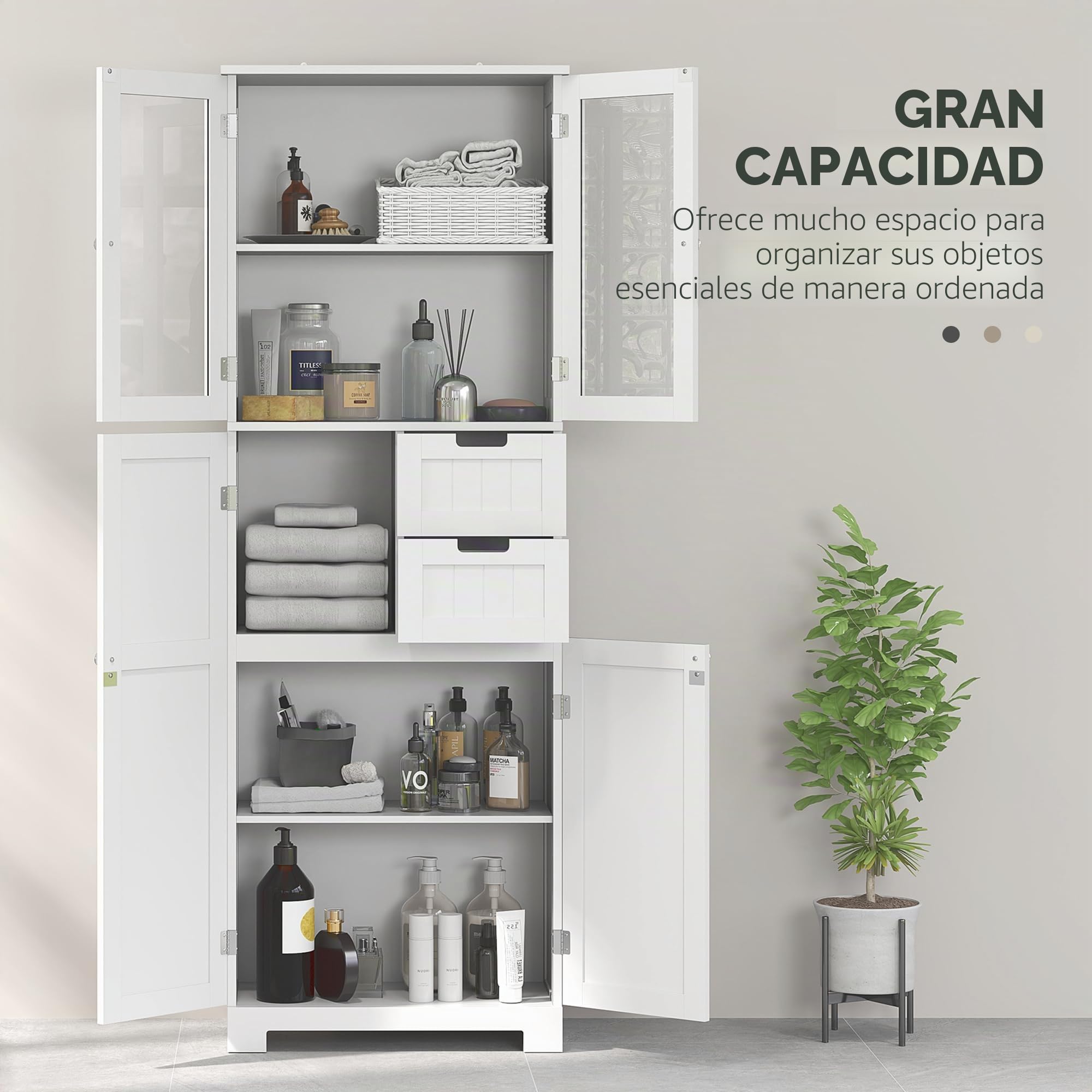 HOMCOM - Columna para cuarto de baño, mueble de baño, almacenamiento alto moderno, con puertas acristaladas, armarios, cajones y estantes ajustables, armario de baño, cocina, sala de estar, 60 x 30 x