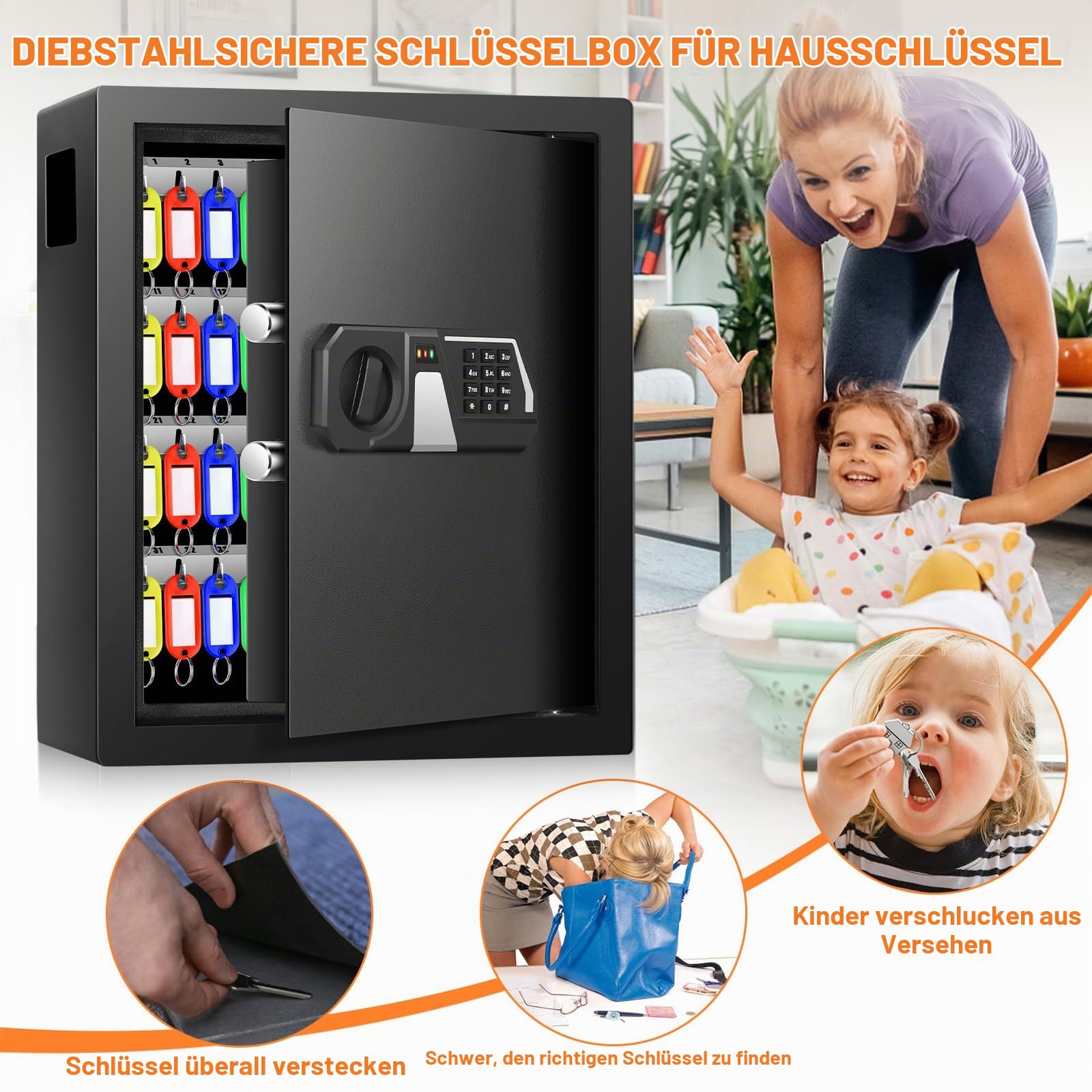 Mejasg Feuerfester Schlüsselkasten mit Zahlencode für 200 Schlüssel, Schlüsseltresor Schlüsselsafe mit Seitlichem Schlüsseleinwurf und Verstellbarer Schlüsselleiste, Schlüsselschrank für Büros Lager