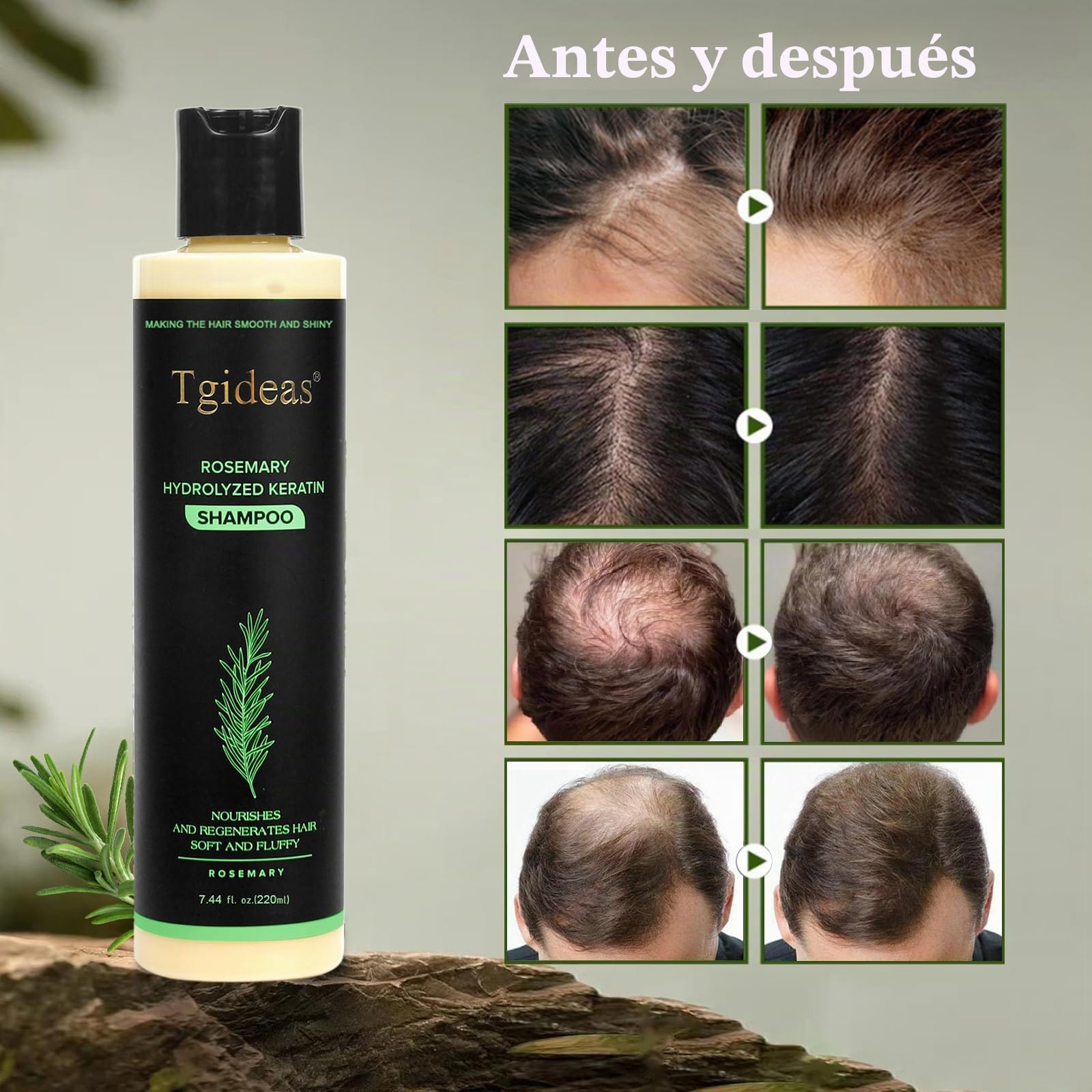 Champú orgánico de romero para crecimiento y fortalecimiento del cabello con queratina hidrolizada 7,4 ml
