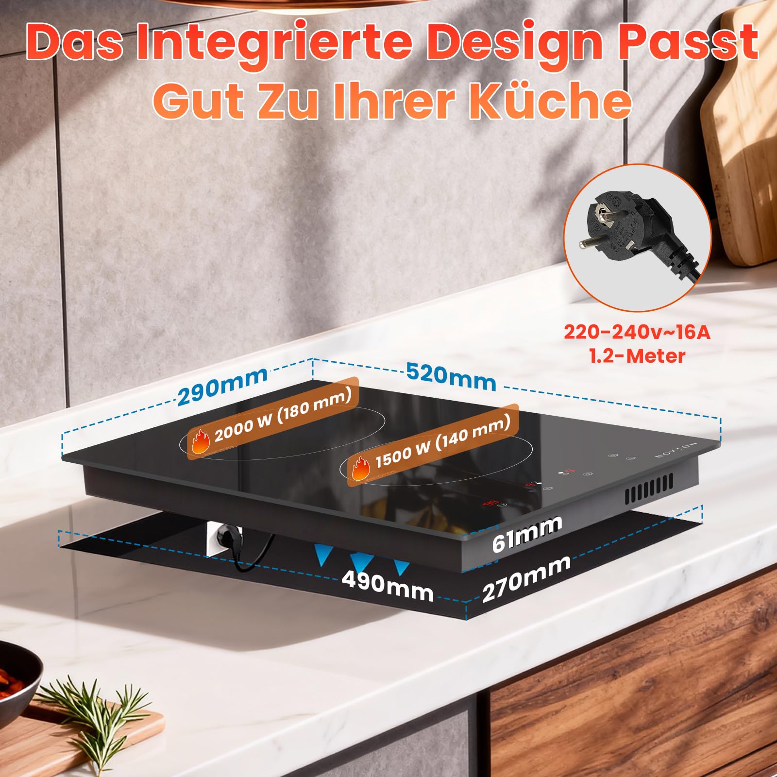 Domino Induktionskochfeld 2 Platten, Induktionskochplatte Doppelt, 3500W | Kochfeld 2 Platten Induktion Einbau mit Stecker, Touch-Steuerung, 9 Heizstufen, Timer, Kindersicherung, 220-240V