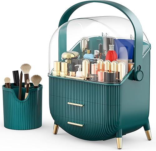 Bleutty Organizadores de maquillaje y almacenamiento con soporte para brochas de maquillaje para encimera de tocador de baño, vitrinas portátiles de