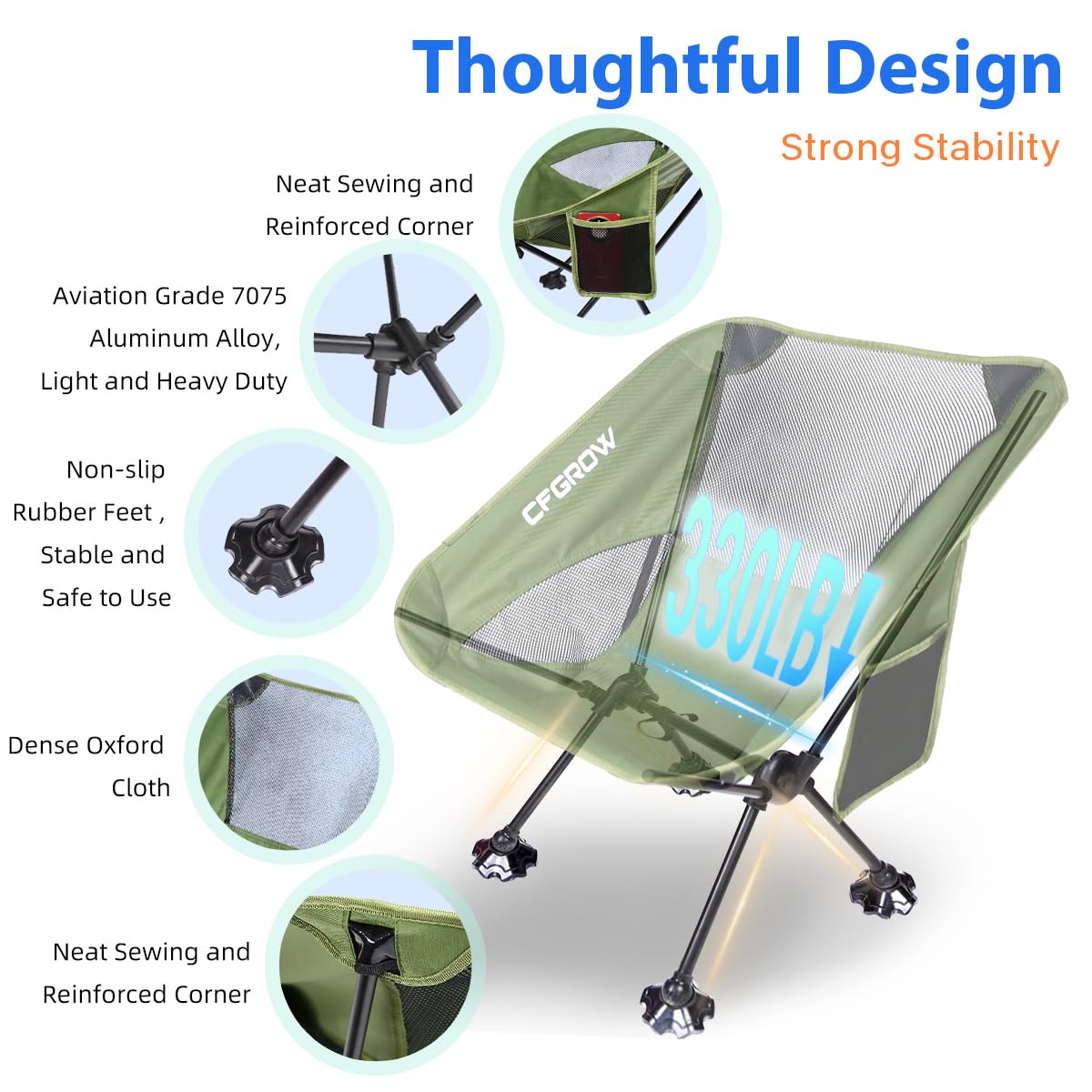 CFGROW Sedia da campeggio pieghevole, portatile, 150 kg, ultraleggera, piccola dimensione, pieghevole, con borsa per il trasporto, per picnic, pesca, giardino, escursioni, viaggi, zaino (verde)