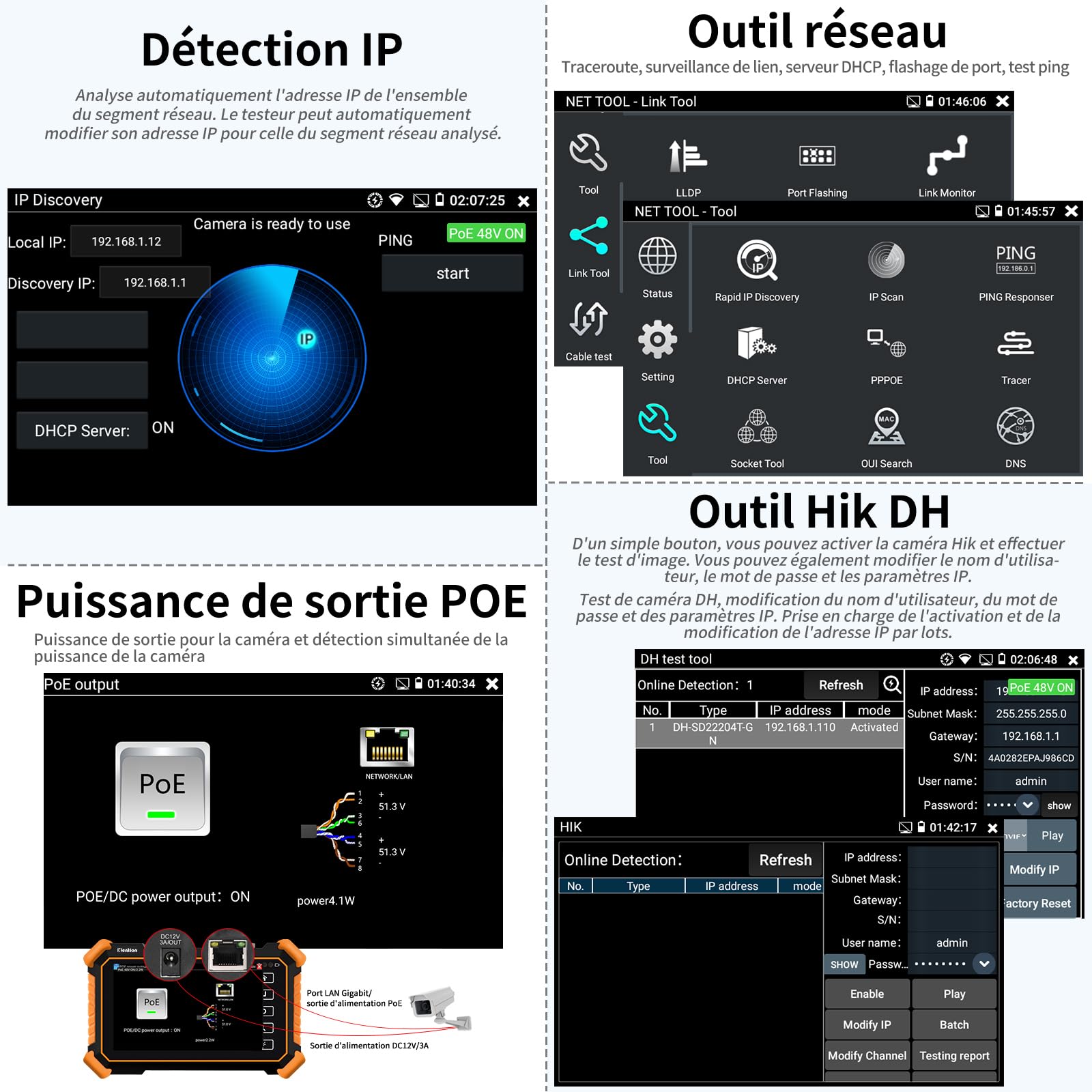 Henkion Testeur de Vidéosurveillance CCTV IP IPC-1900C Plus 4K 8MP 8K 32MP Test de Caméra IP Moniteur Écran Tactile 4 Pouces Tester CCTV Support POE WiFi Sortie DC12V/3A avec Traceur de Câble