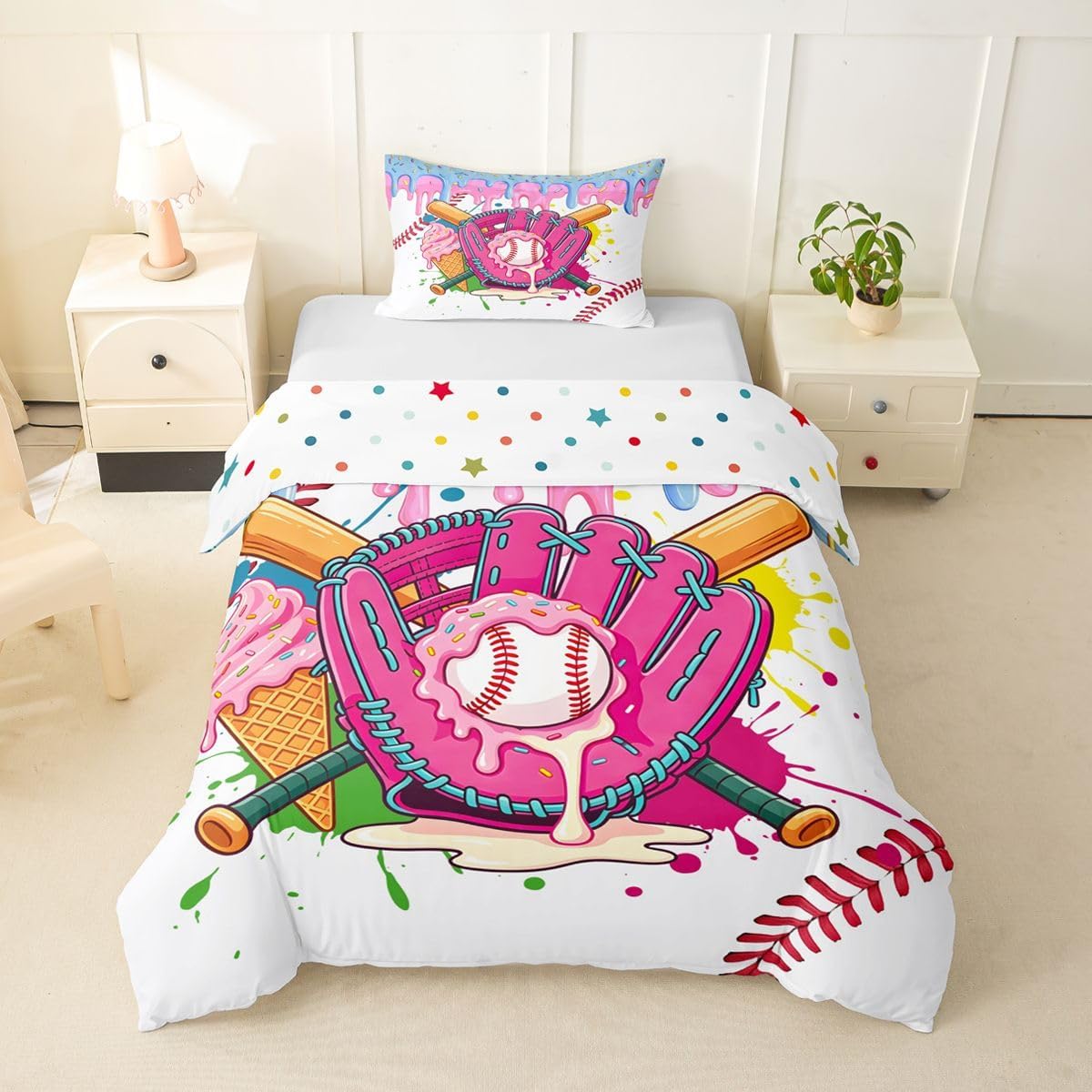 Erosebridal Baseball Ice Cream Toddler Duvet Cover Baseball Glove Bat Bedding Set Ice Cream Drip Comforter Cover for Kids Boys Girls,Sports Games Bed Set